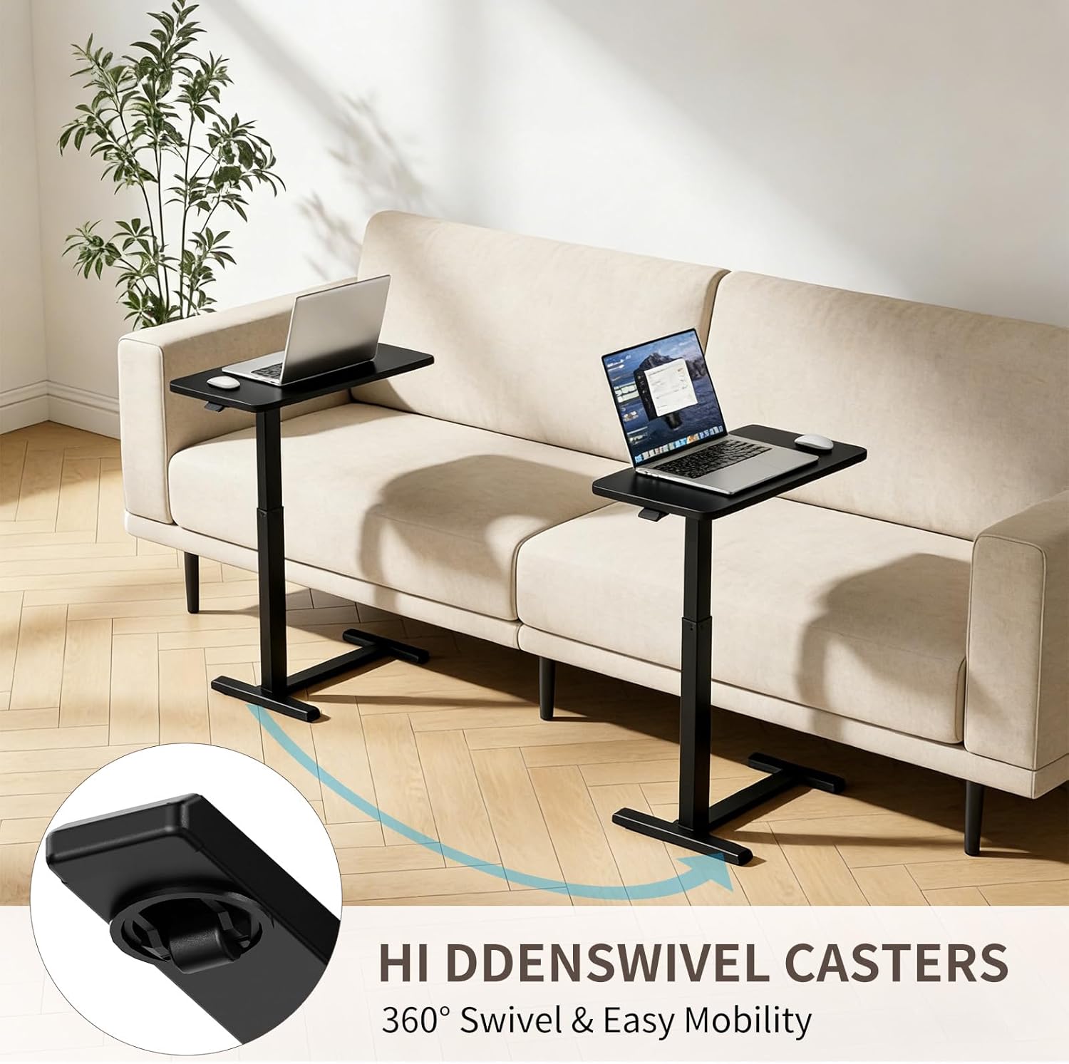 Ywin Medical Adjustable Overbed Bedside Table with Wheels, Rolling Standing Desk, Pneumatic Small Side Bed Table with Tray for Couch, Hospital, Home,Office Use (Black)