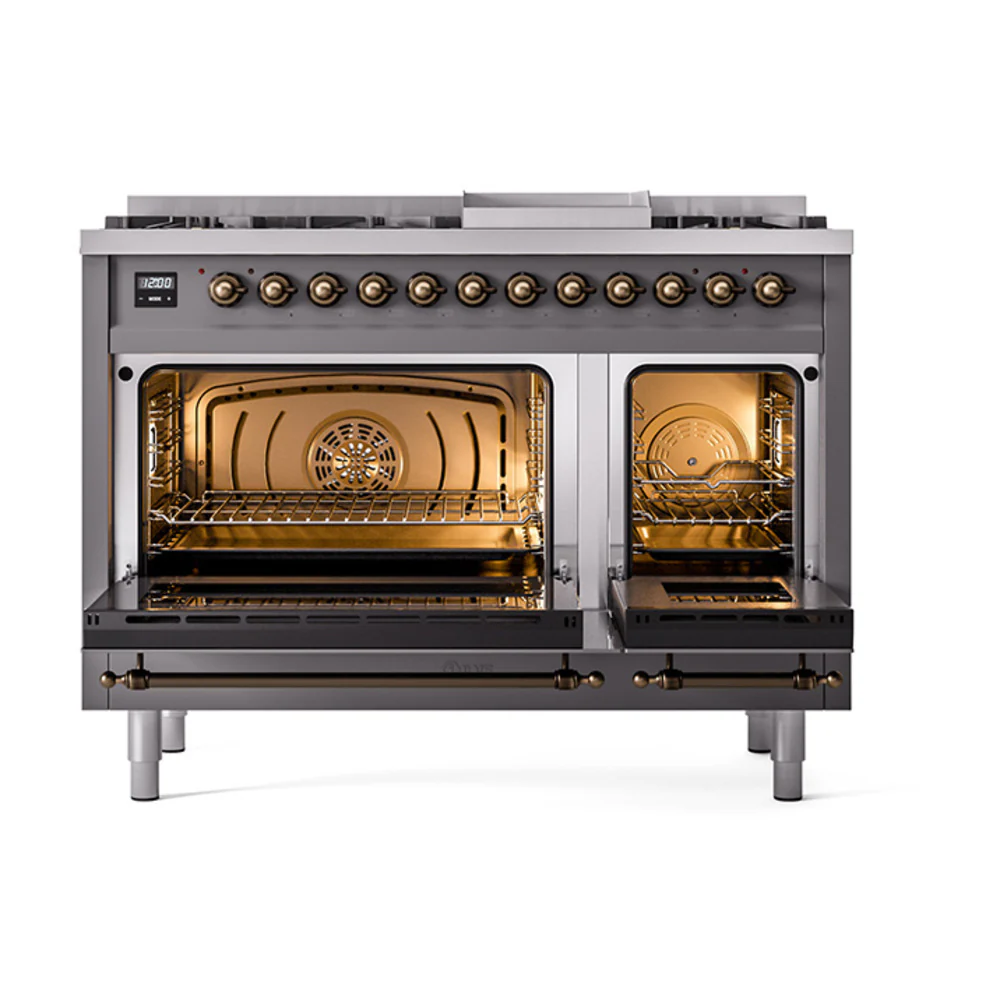 ILVE 48-Inch Nostalgie II Dual Fuel Range with 8 Burners, Griddle, and Solid Door Oven in Matte Graphite with Bronze Trim (UP48FQNMPMGB)