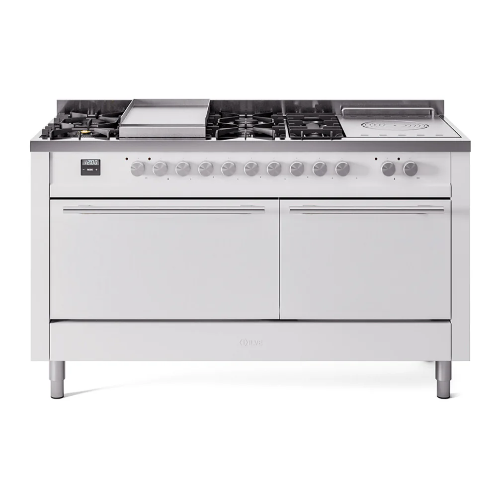 ILVE Professional Plus II 60-Inch Dual Fuel Range with 7 Burners, Griddle, & French Top with Solid Door Oven in White (UP60FSQMPWH)
