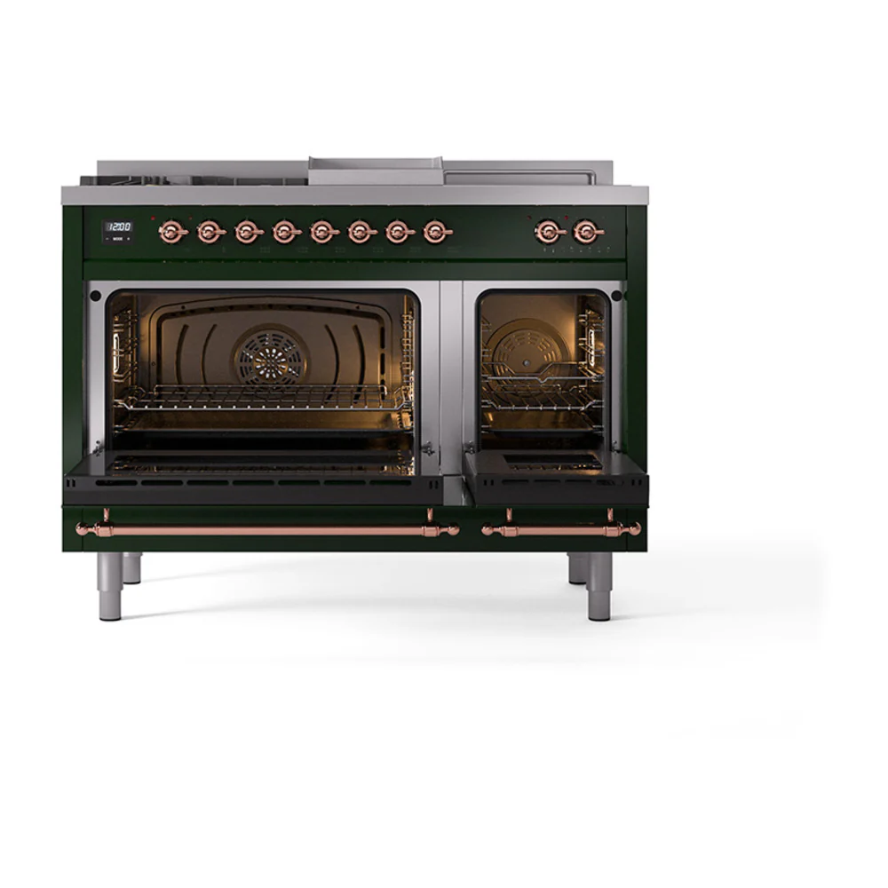 ILVE Nostalgie II 48-Inch Dual Fuel Range with 5 Burners, Griddle, & French Top, with Solid Door Oven in Emerald Green with Bronze Trim (UP48FSQNMPEGB)