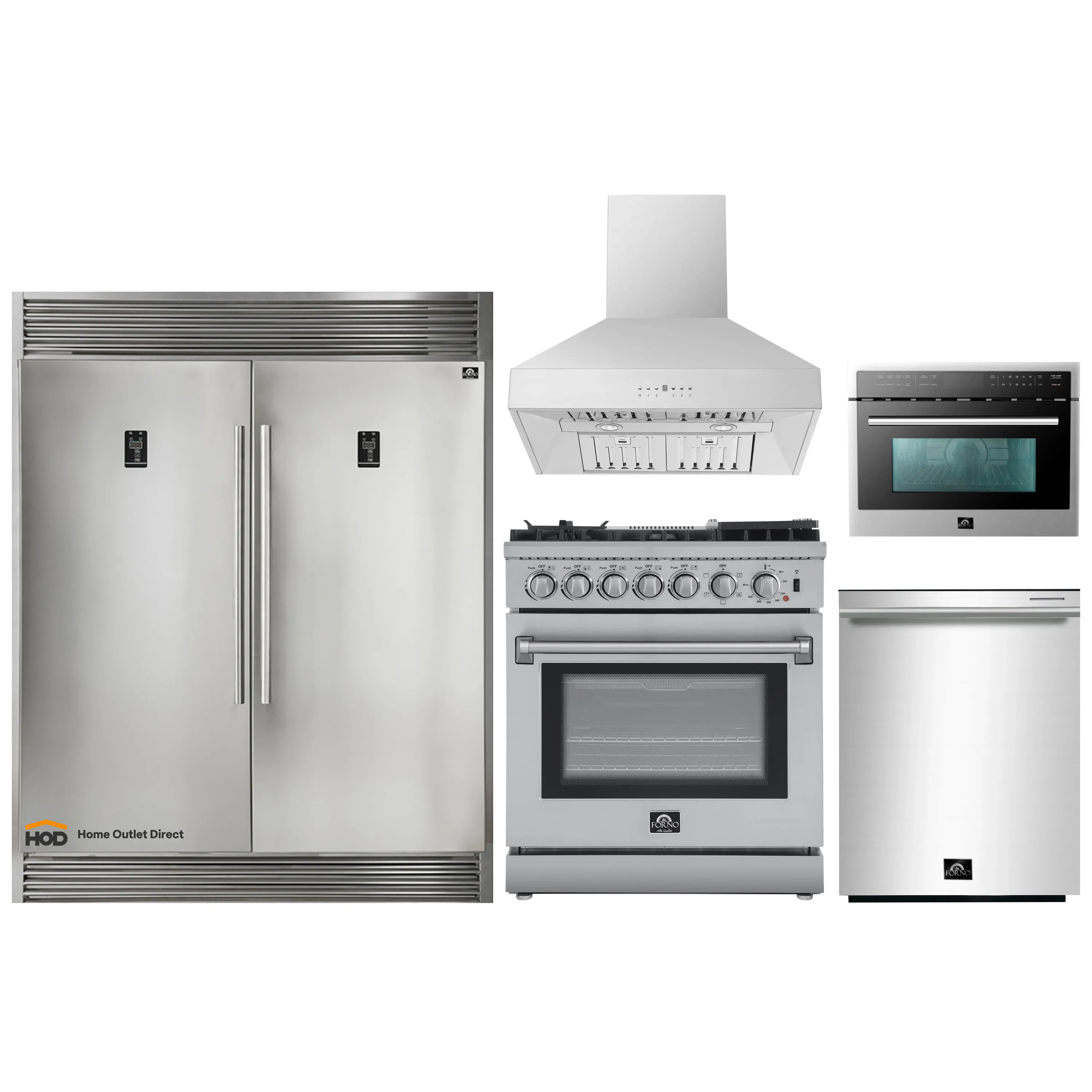 Forno 5-Piece Appliance Package - 30-Inch Dual Fuel Range with Air Fryer, 60-Inch Pro-Style Refrigerator, Wall Mount Hood, 24-Inch Microwave Oven, & 3-Rack Dishwasher in Stainless Steel