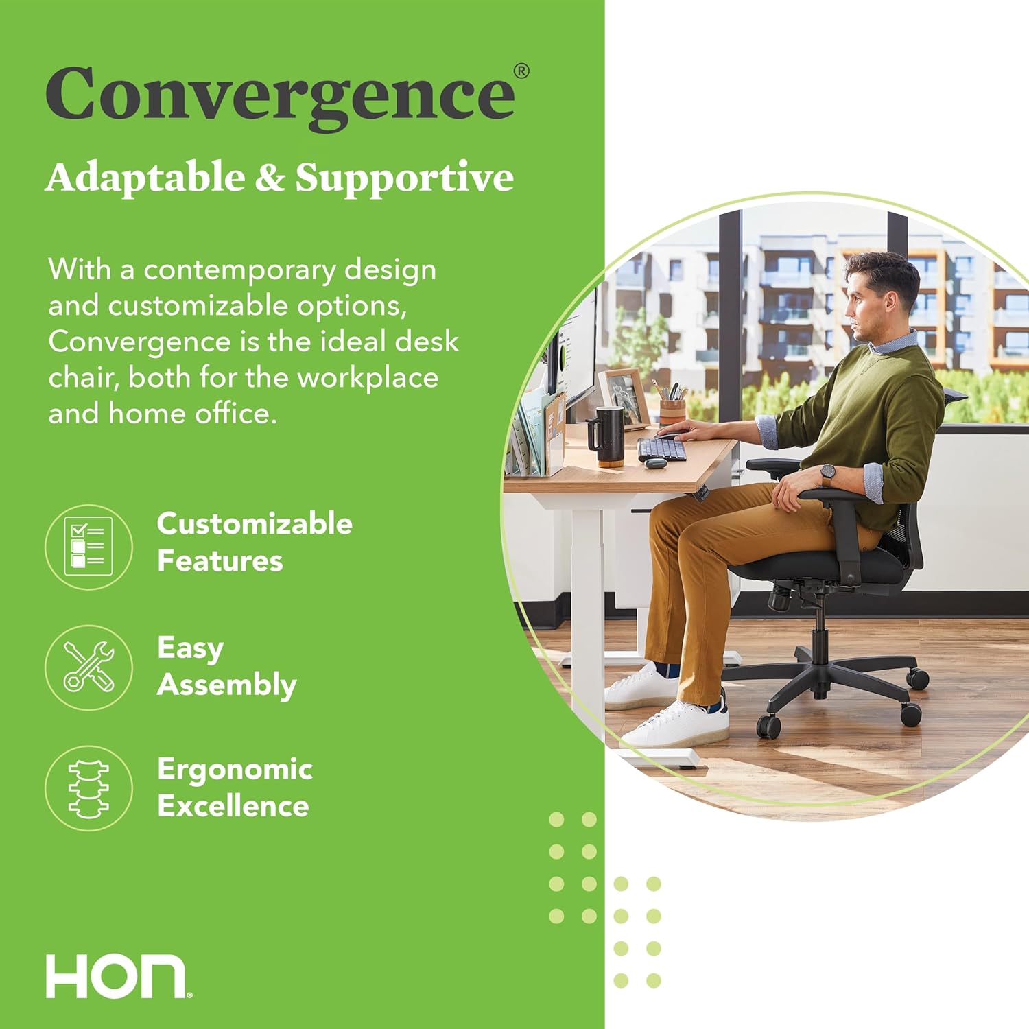 HON Convergence Ergonomic Office Chair, Breathable Back Support Mesh, Adjustable Arms, Computer Chair with Lumbar Support, Rolling Swivel Wheels, Comfortable Synchro-Tilt Recline, Fabric, Bark