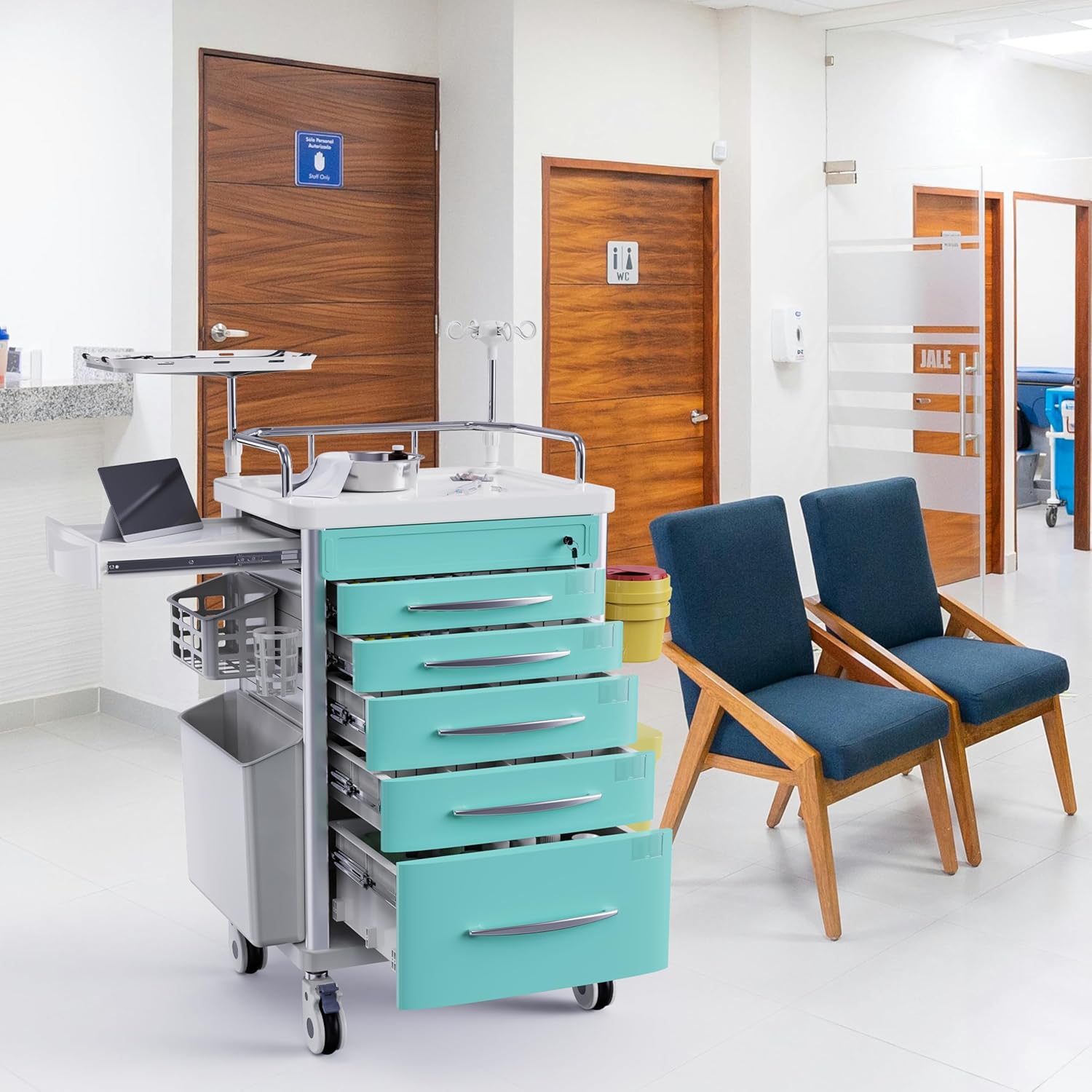 Rolling Crash Cart Medical with Drawers - Adjustable IV Pole, Silent Casters, Needle Disposal Holder, Trash Bin, O2 Holder, Utility Trolley Cart for Clinic, Hospital, Salon, Lab