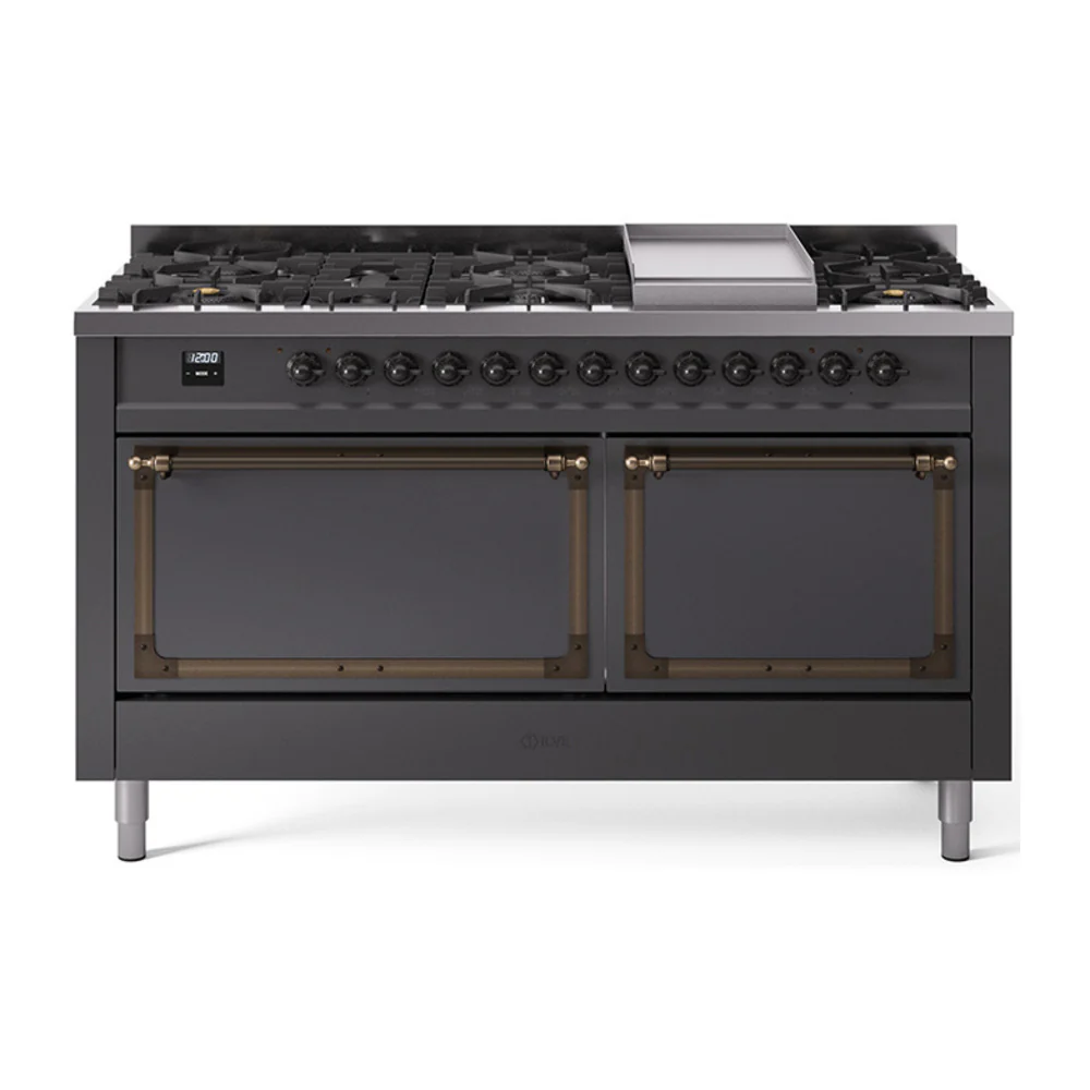 ILVE 60-Inch Nostalgie II Noblesse Dual Fuel Range with 9 Sealed Burners, Griddle, and Solid Door Oven in Matte Graphite with Bronze Trim (UN60FQNMPMGB)