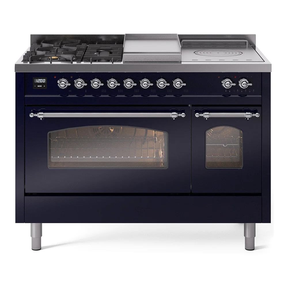 ILVE Nostalgie II 48-Inch Dual Fuel Range with 5 Burners, Griddle, & French Top with Triple Glass Door Oven in Midnight Blue with Chrome Trim (UP48FSNMPMBC)