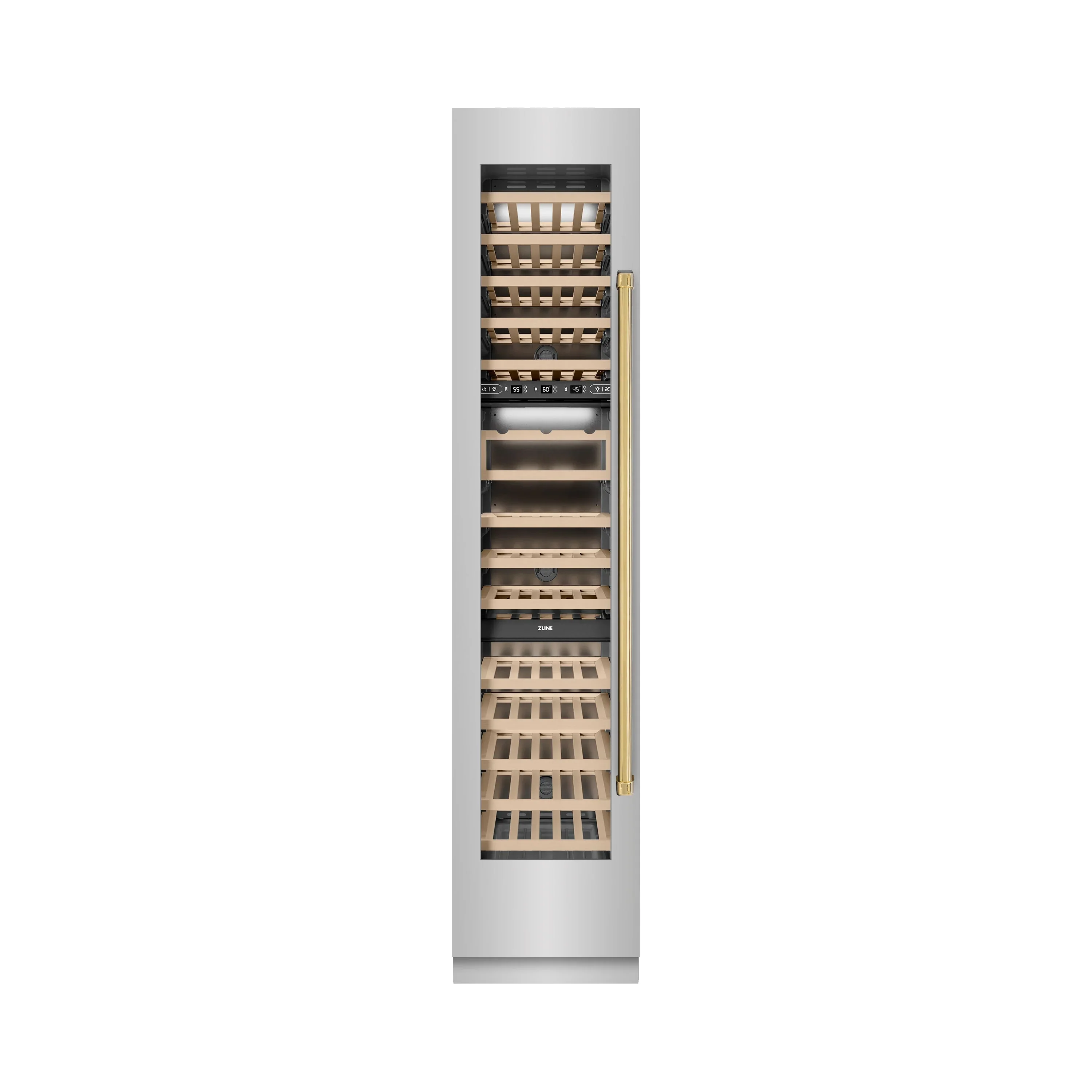 ZLINE Autograph Edition 18-Inch 9.0 Cu. Ft. Triple Zone 68 Bottle Left Hinge Column Wine Cooler in Stainless Steel with Polished Gold Accents (RCWVLZ-30418-G)