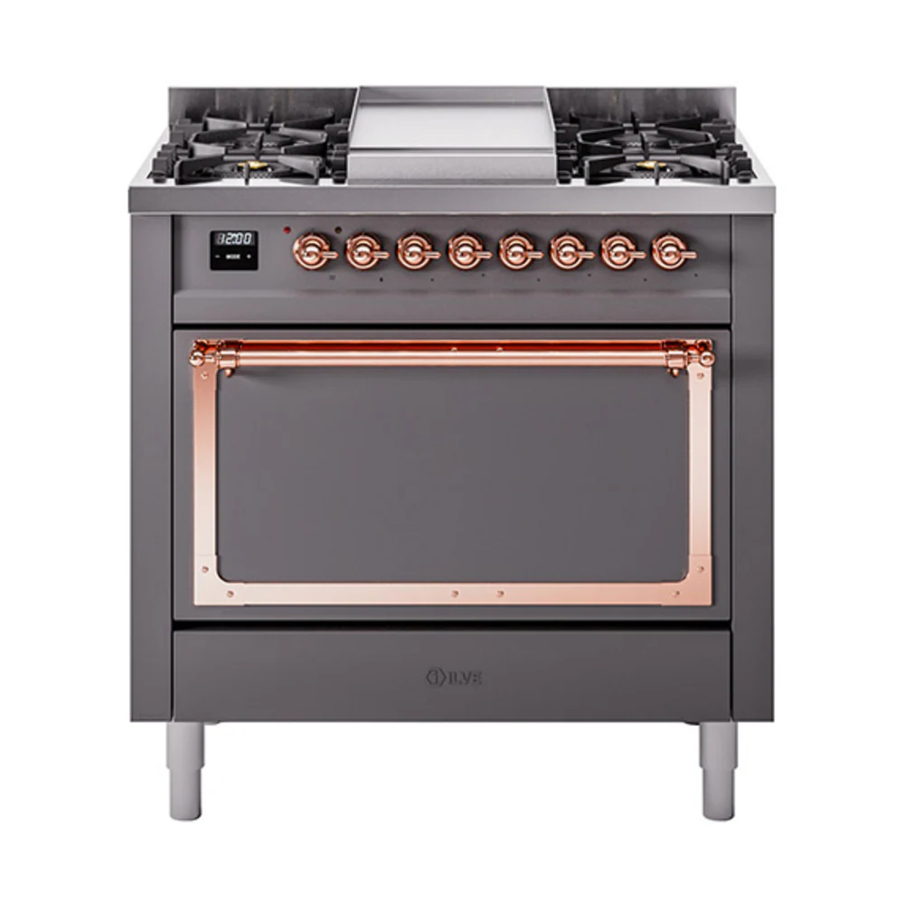 ILVE Nostalgie II Noblesse 36-Inch Dual Fuel Range and Solid Door Oven in Matte Graphite with Copper Trim (UN36FQNMPMGP)