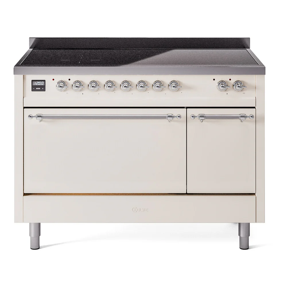 ILVE 48-Inch Nostalgie II Induction Range with Solid Door Oven in Antique White with Chrome Trim (UPI486QNMPAWC)
