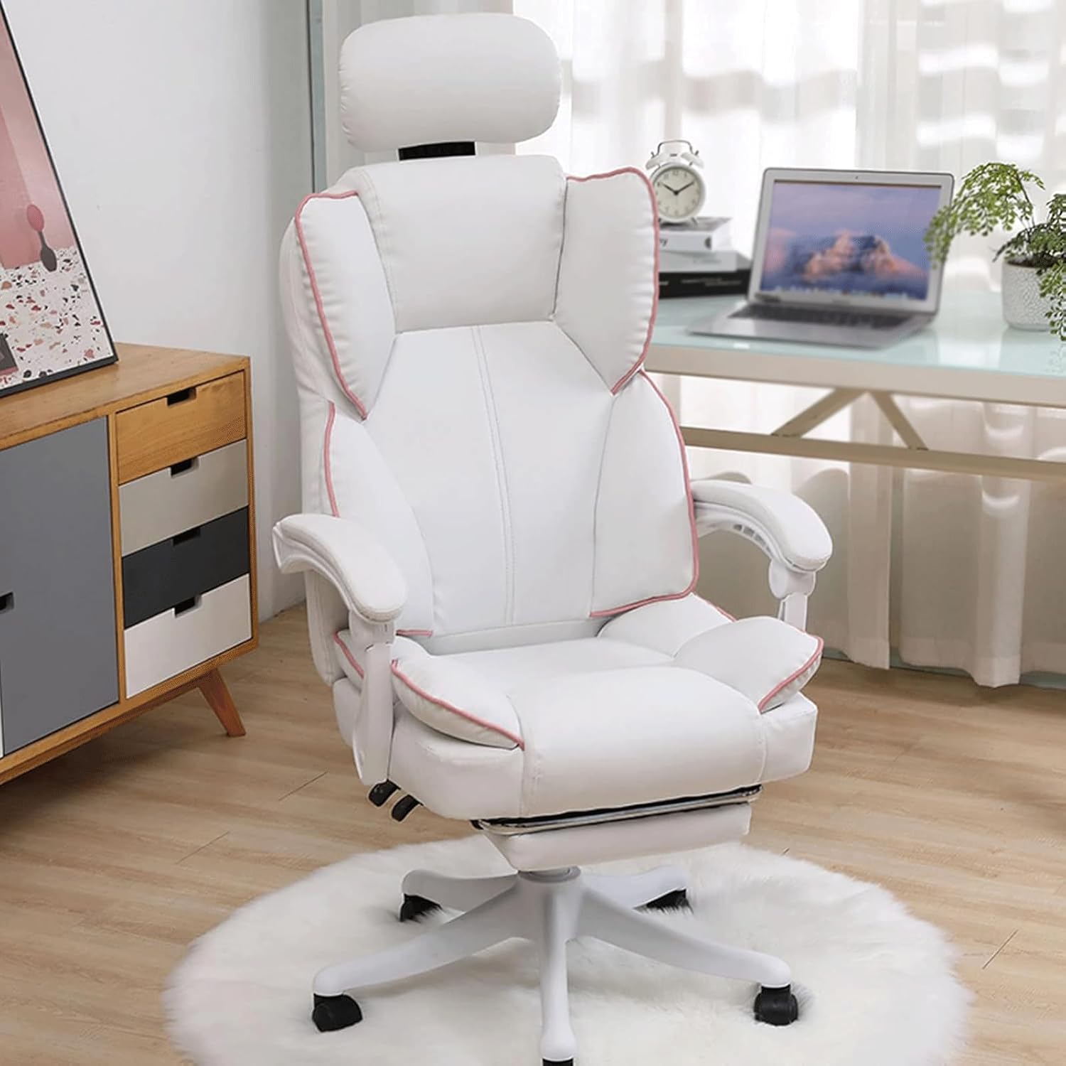 Ergonomic Leather Office Chair with Adjustable Height Back Support and Armrest Comfortable Desk Chair for Gaming and Management (White-B
