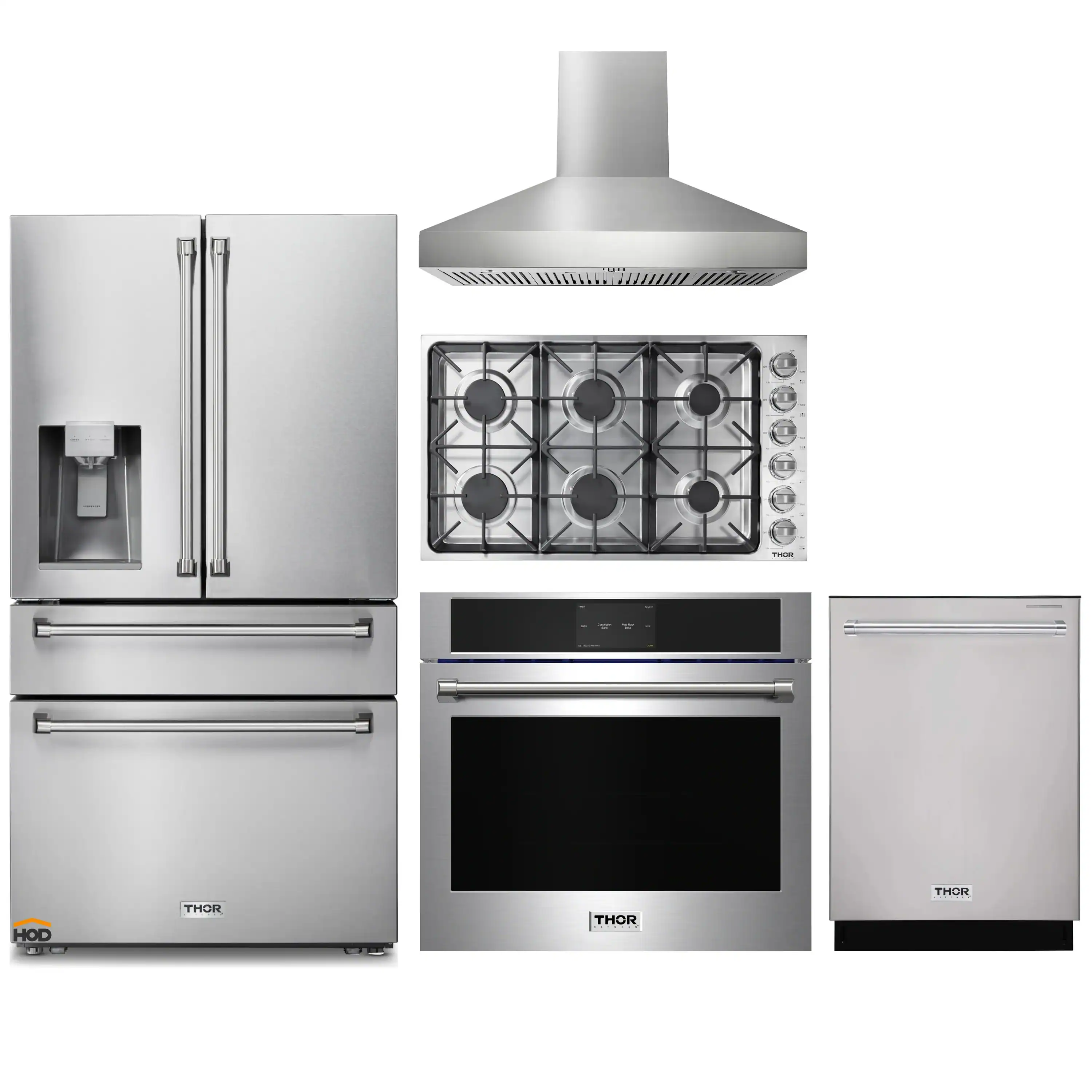Thor Kitchen 5-Piece Pro Appliance Package - 36-Inch Gas Cooktop, Electric Wall Oven, Pro-Style Wall Mount Hood, Dishwasher & Refrigerator with Water Dispenser in Stainless Steel