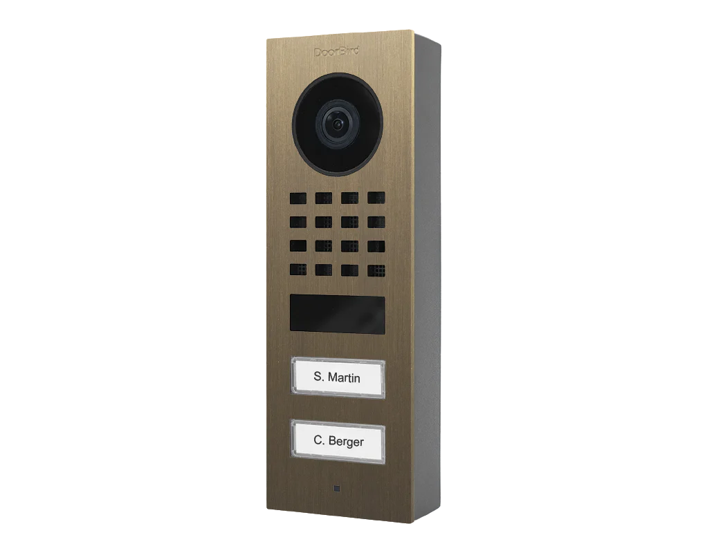 DoorBird D1102V Surface-Mount IP Video Door Station, 2 Call Button in Real Burnished Brass