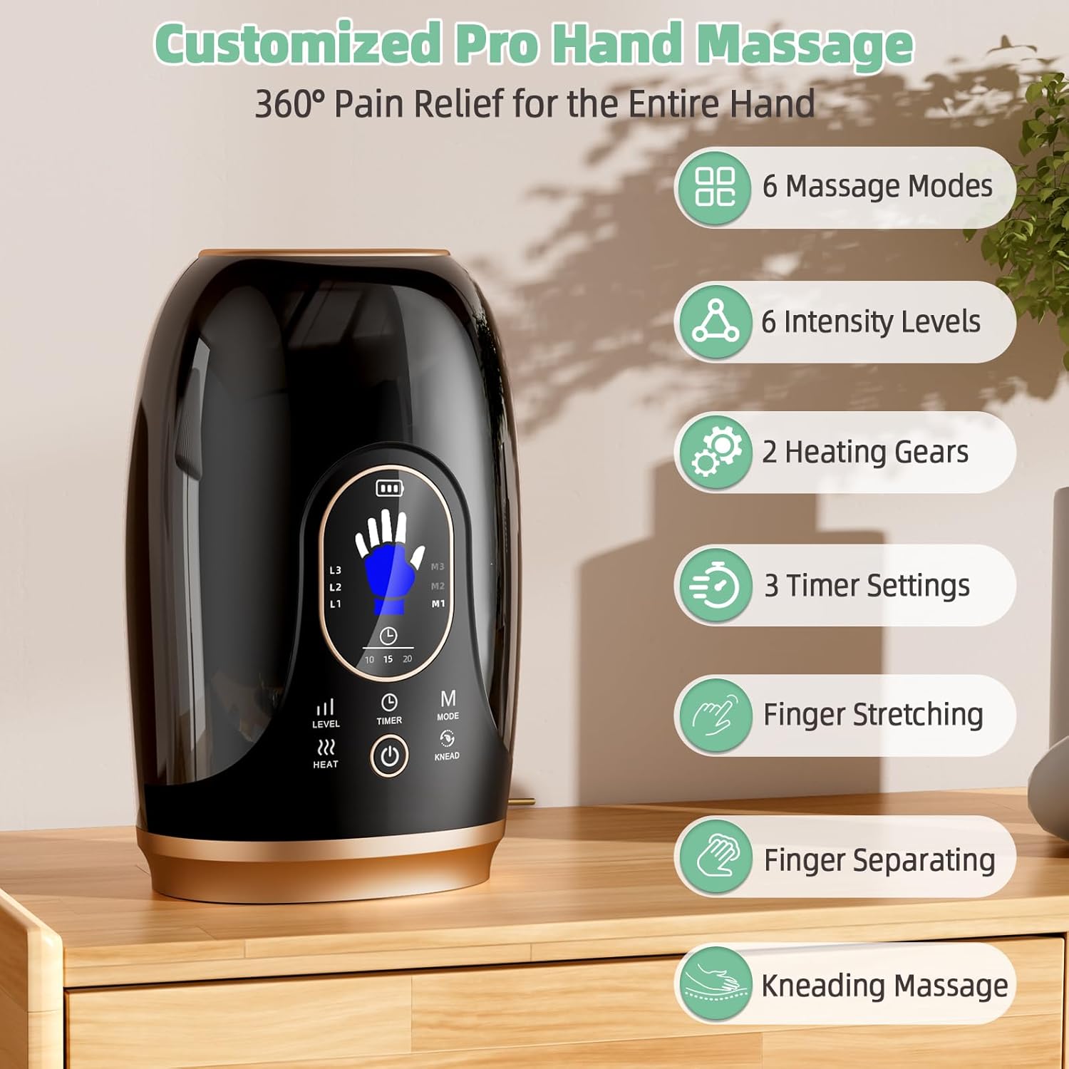 Hand Massager with Heat and Compression, 6 Holes Finger Stretching Hand Massager for Arthritis and Carpal Tunnel, 6 Levels Pressure Therapy with Wrist Massage Palm Kneading, Gifts for Women Men