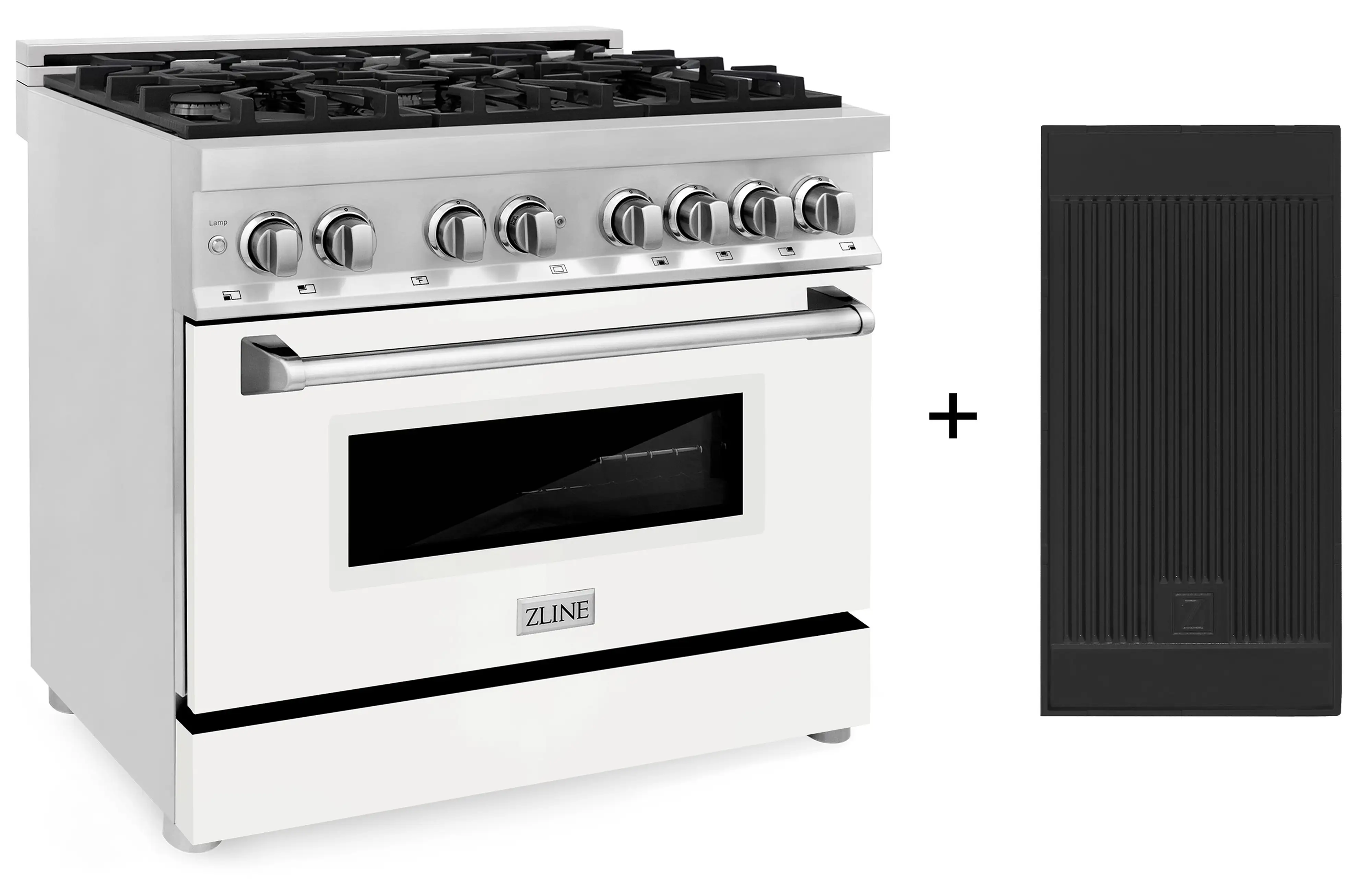 ZLINE 36-inch Legacy Series Dual Fuel Range with Gas Cooktop, Griddle and 4.6 Cu. Ft. Electric Oven in Stainless Steel with White Matte Door (RA-WM-GR-36)