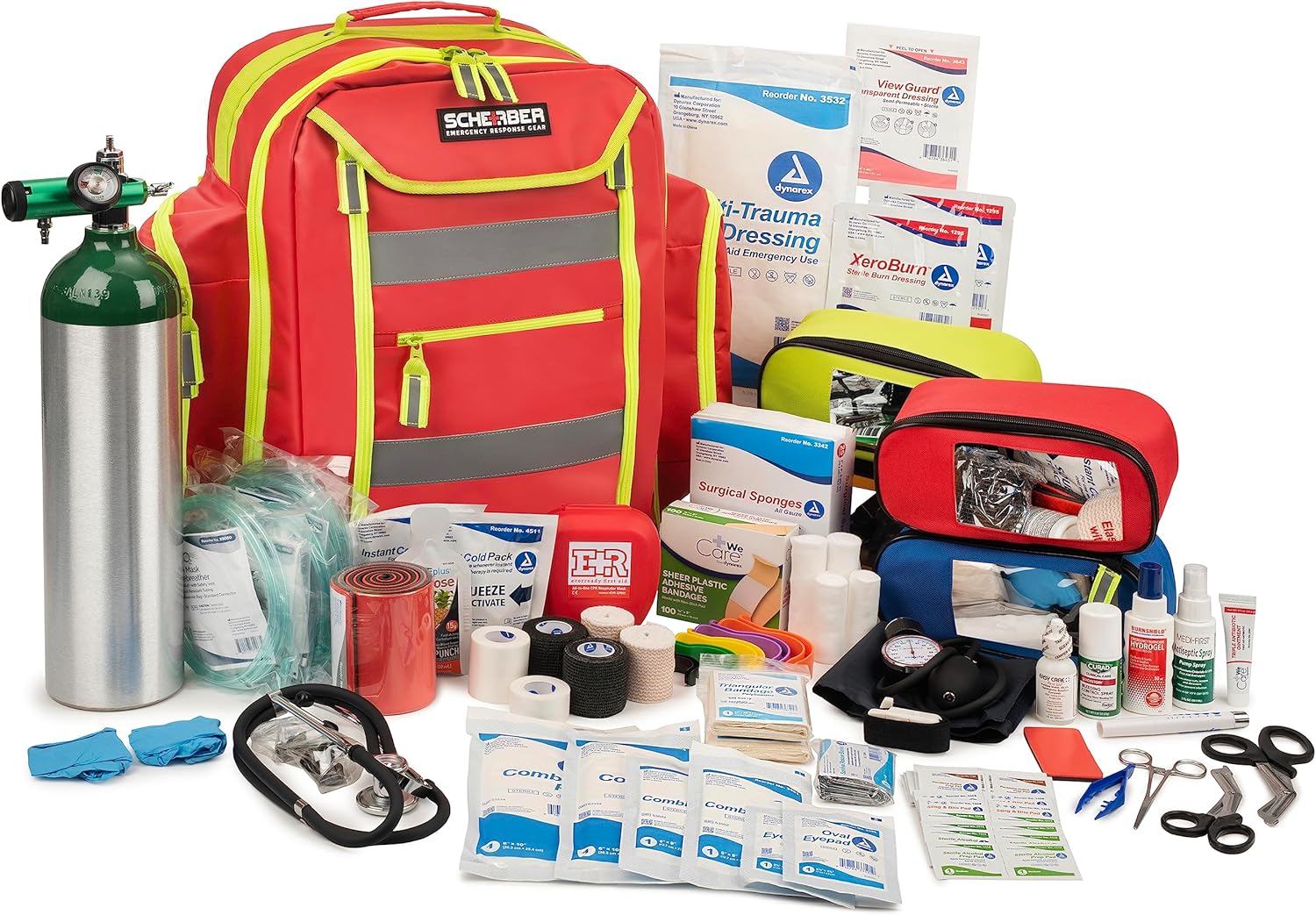 Scherber Fully-Stocked Premium First Responder Backpack | EMT/EMS Medic Trauma & Oxygen Medical Professional Kit | Bag w/ 4 Color-Coded Removable Pouches, O2 Storage, & 250+ First Aid Supplies - Red