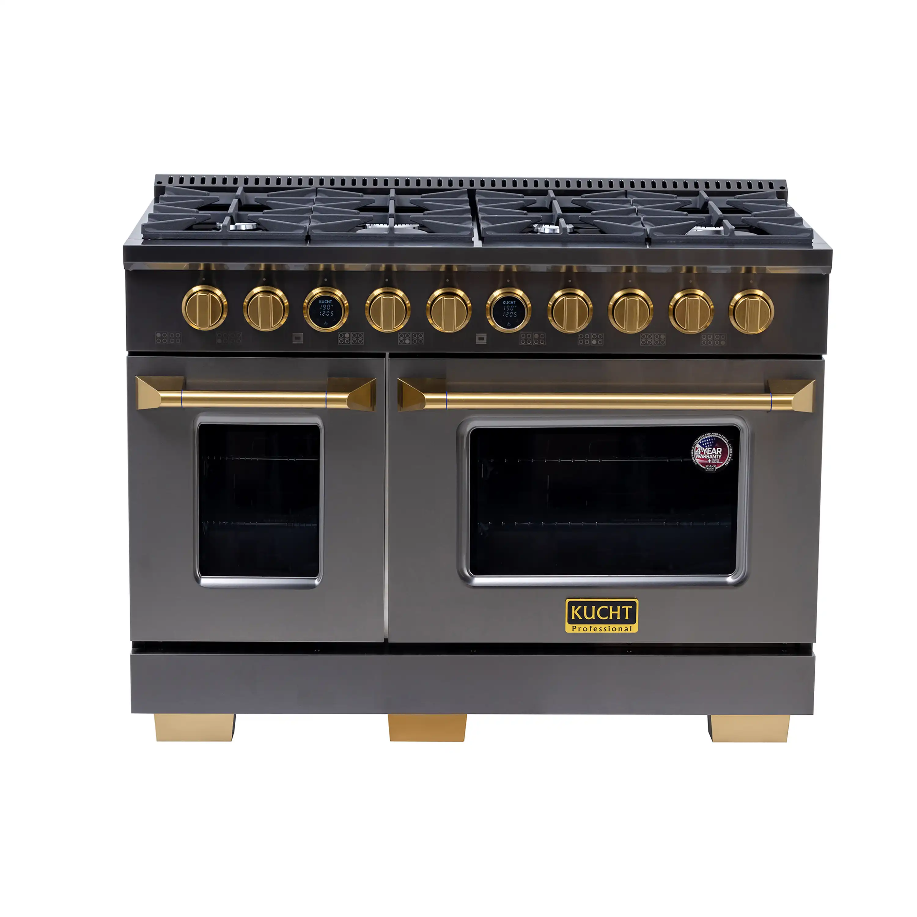 Kucht Horus 48-Inch Dual Fuel Range with 6.7 cu. ft. Electric Oven and 8 Gas Burners in Dark Titanium Stainless Steel with Digital Thermostat (KXD48)