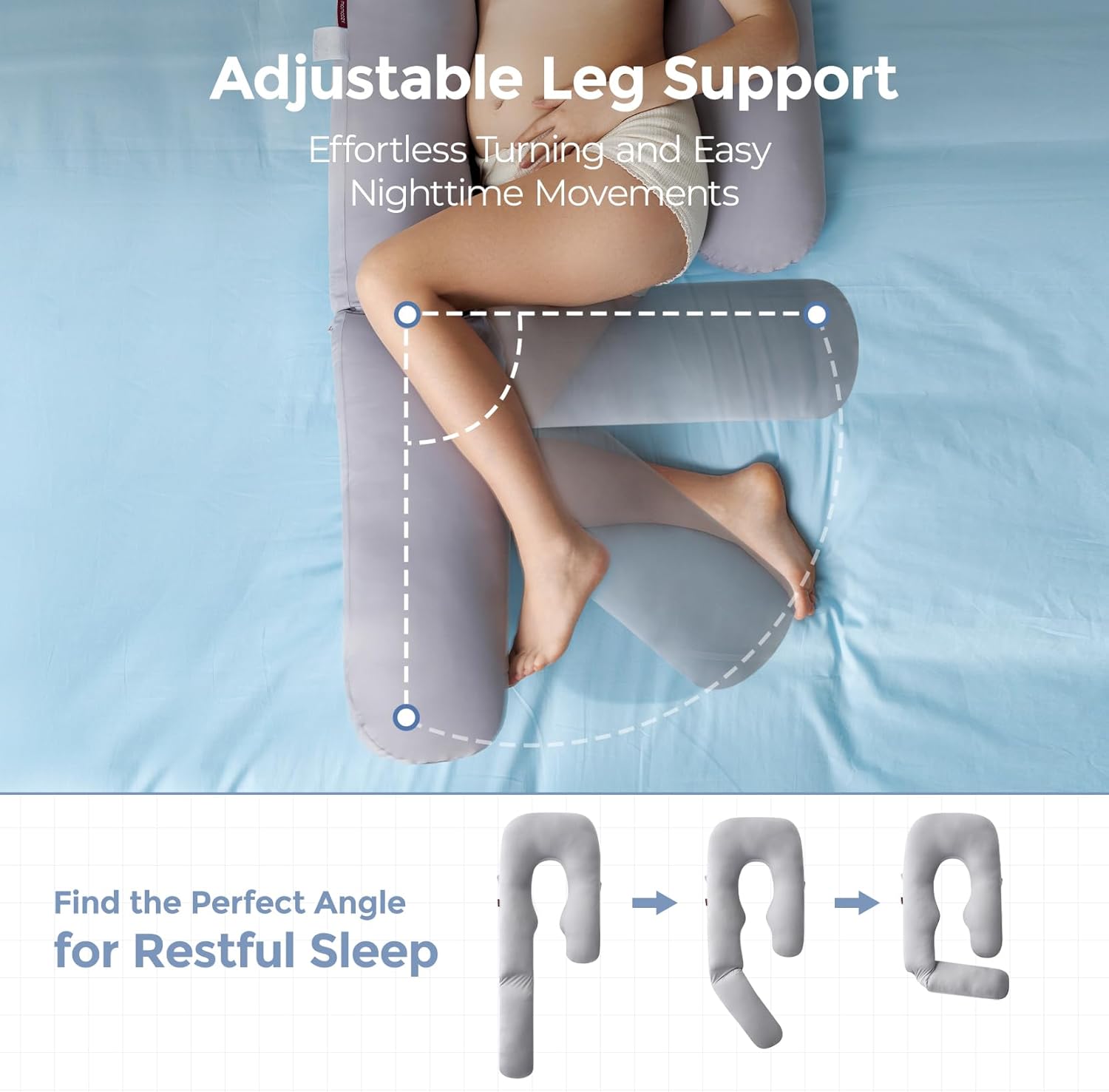 Momcozy Pregnancy Pillow with Cooling Cover, Dreamlign U Pro Maternity Pillow with Adjustable Leg Pillow - Support for Back, HIPS, Belly, Legs for Pregnant Women, 50-72 Inch Full Body Pillow, Grey