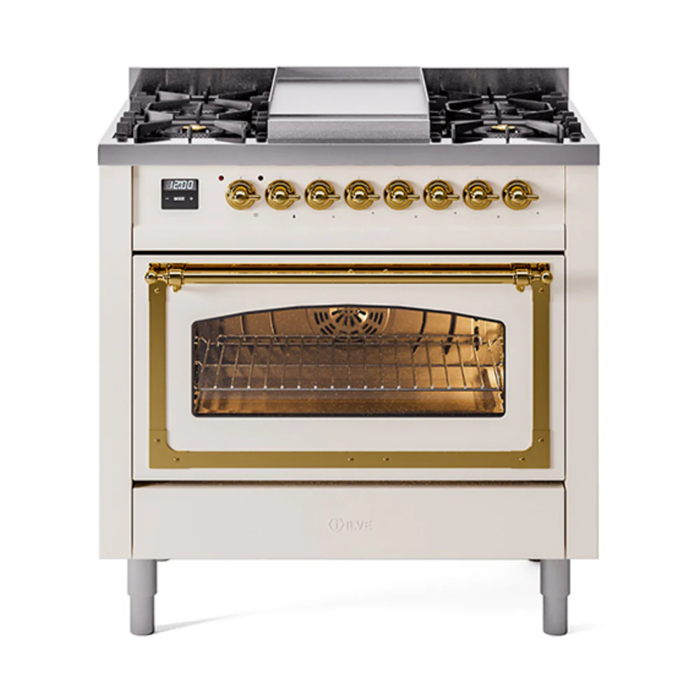 ILVE Nostalgie II Noblesse 36-Inch Dual Fuel Range and Triple Glass Door in Antique White with Brass Trim (UN36FNMPAWG)