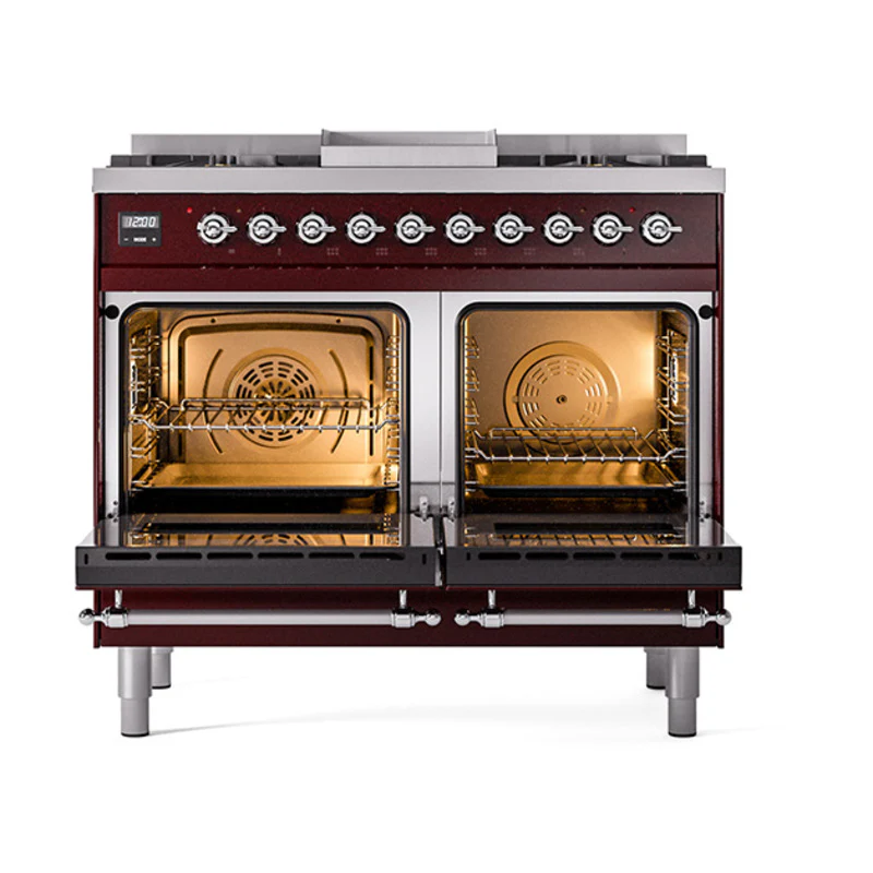 ILVE 40-Inch Nostalgie II Noblesse Dual Fuel Range with Solid Door Oven in Burgundy with Chrome Trim (UND40FQNMPBUC)