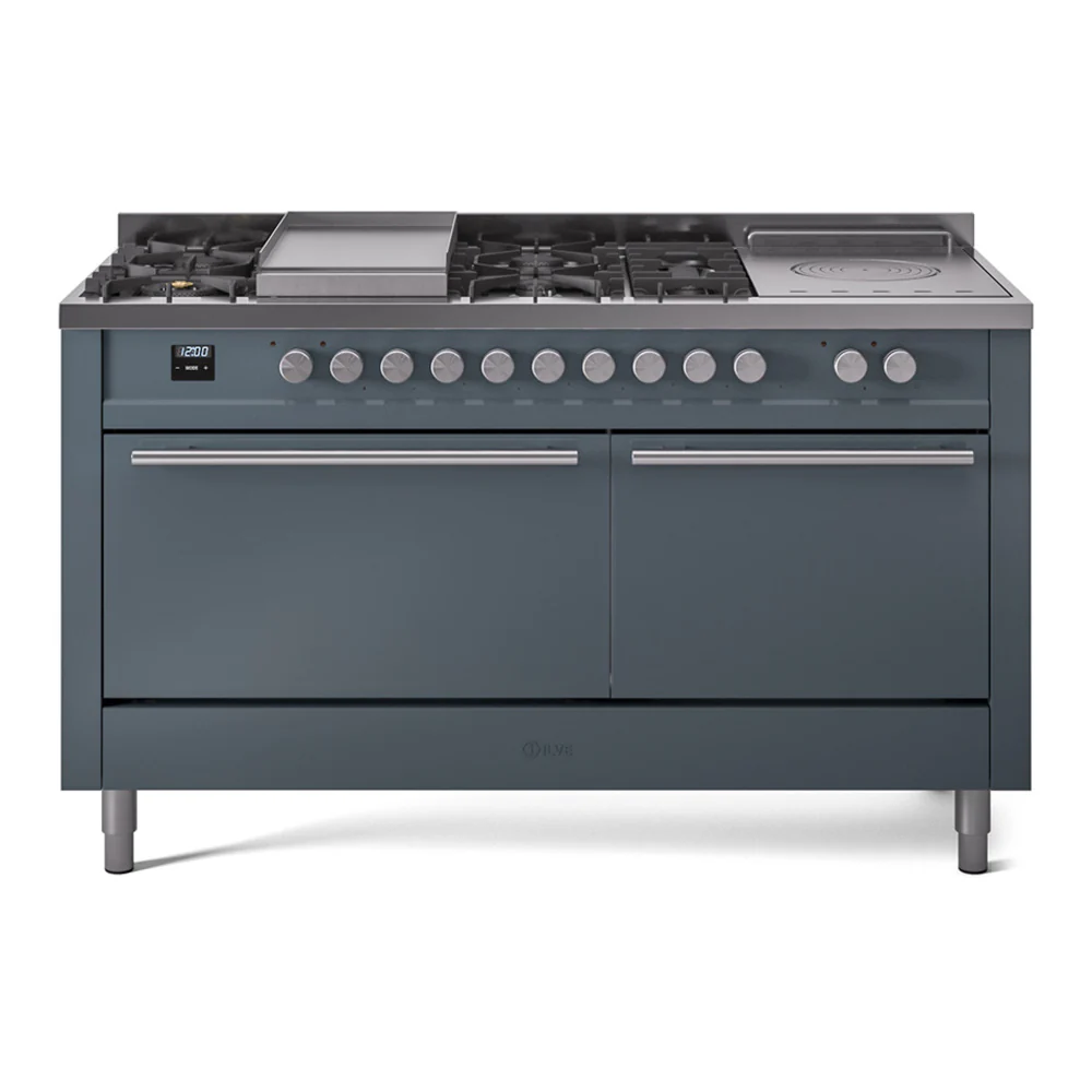 ILVE Professional Plus II 60-Inch Dual Fuel Range with 7 Burners, Griddle, & French Top with Solid Door Oven in Blue Grey (UP60FSQMPBG)