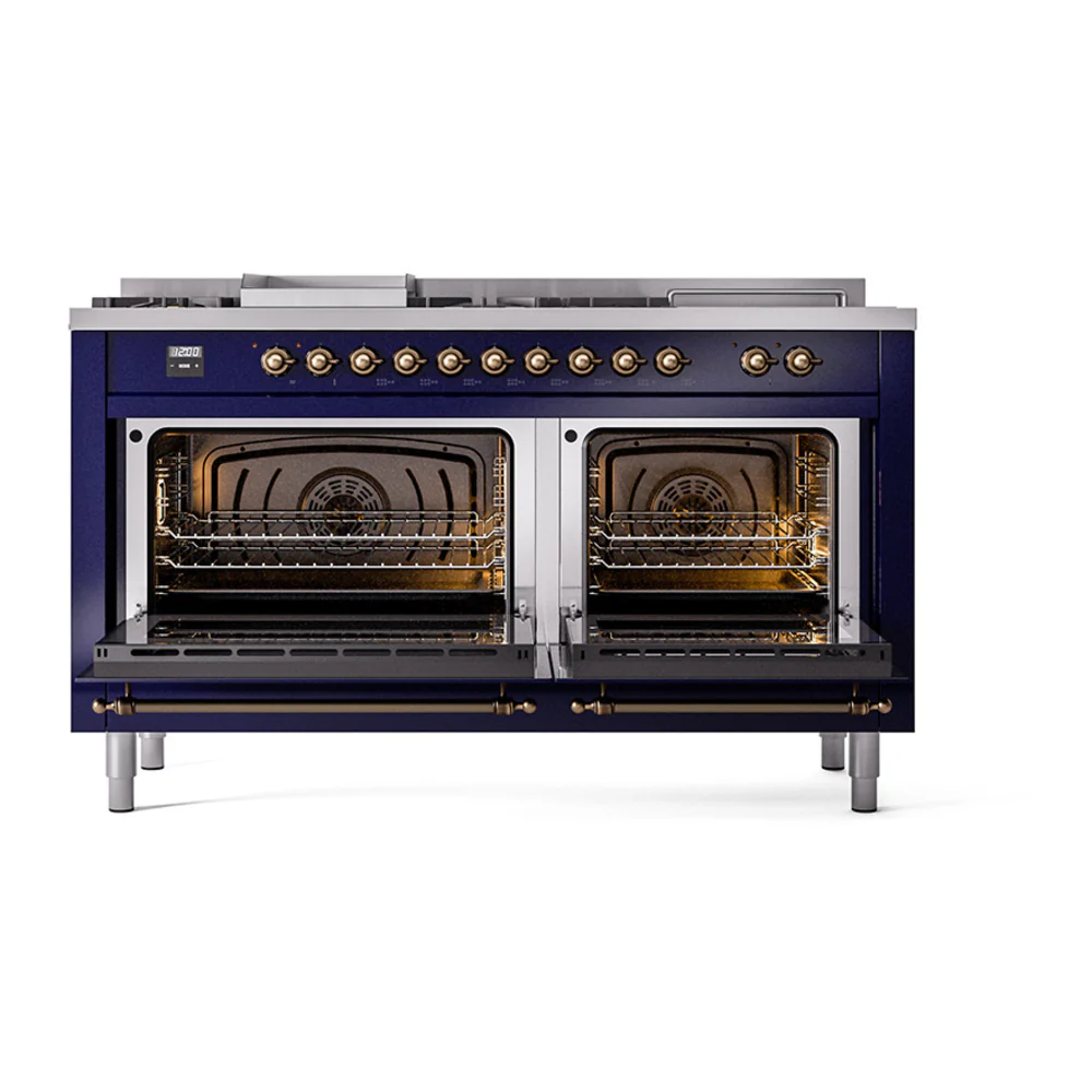 ILVE 60-Inch Nostalgie II Noblesse Dual Fuel Range with 7 Sealed Burners, Gridlde, French Top, and Solid Door Oven in Midnight Blue with Bronze Trim (UN60FSQNMPMBB)