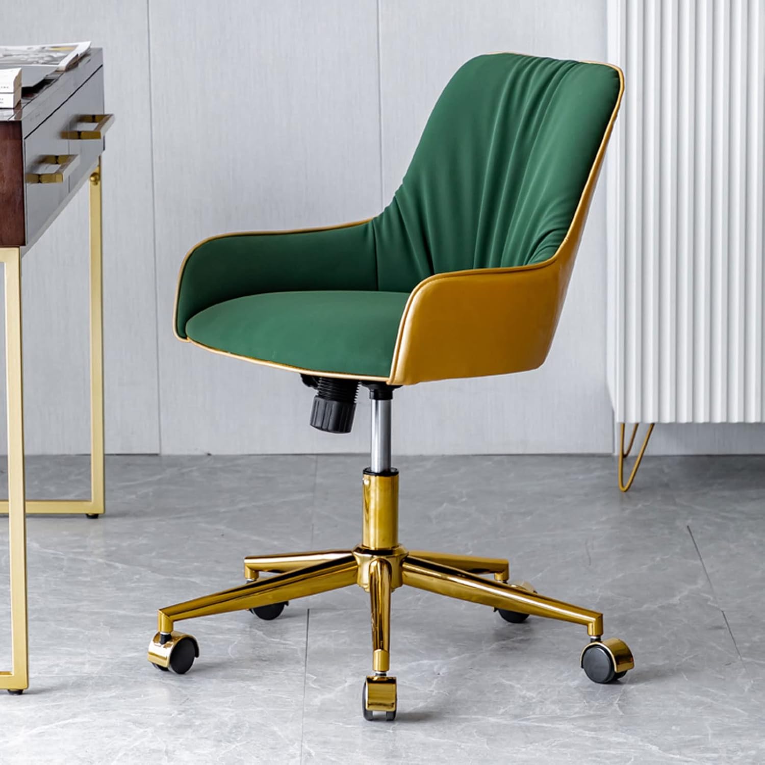 Mid-Back Leisure Task Chair, Adjustable Upholstered Computer Chair with Armrest Lumbar Support for Living Room, Bedroom, Lounge (Green-Brown