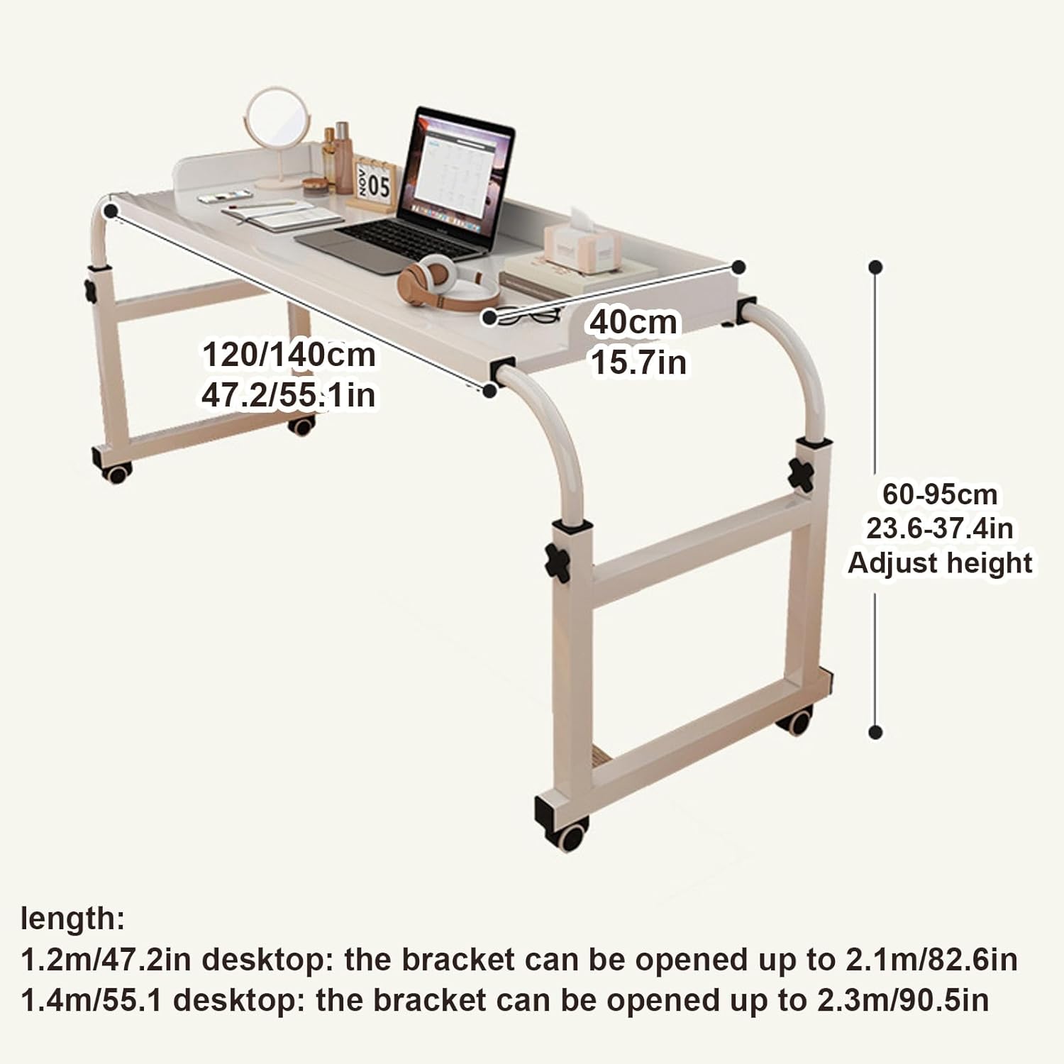 Overbed Desk, Overbed Table with Wheels, Rolling Desk Over Bed Adjustable Height, Queen Size Mobile Computer Desk, Over Bed Desk Rolling Medical Table, for Hospital and Home