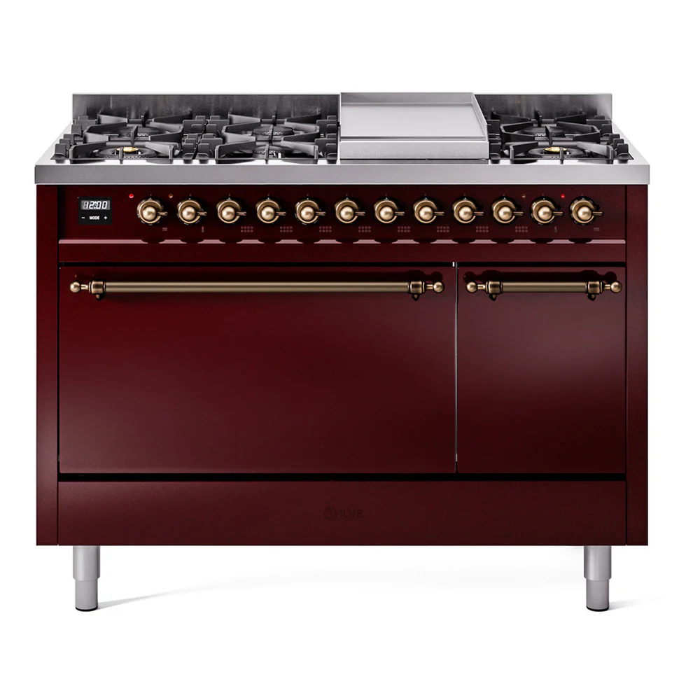 ILVE 48-Inch Nostalgie II Dual Fuel Range with 8 Burners, Griddle, and Solid Door Oven in Burgundy with Bronze Trim (UP48FQNMPBUB)