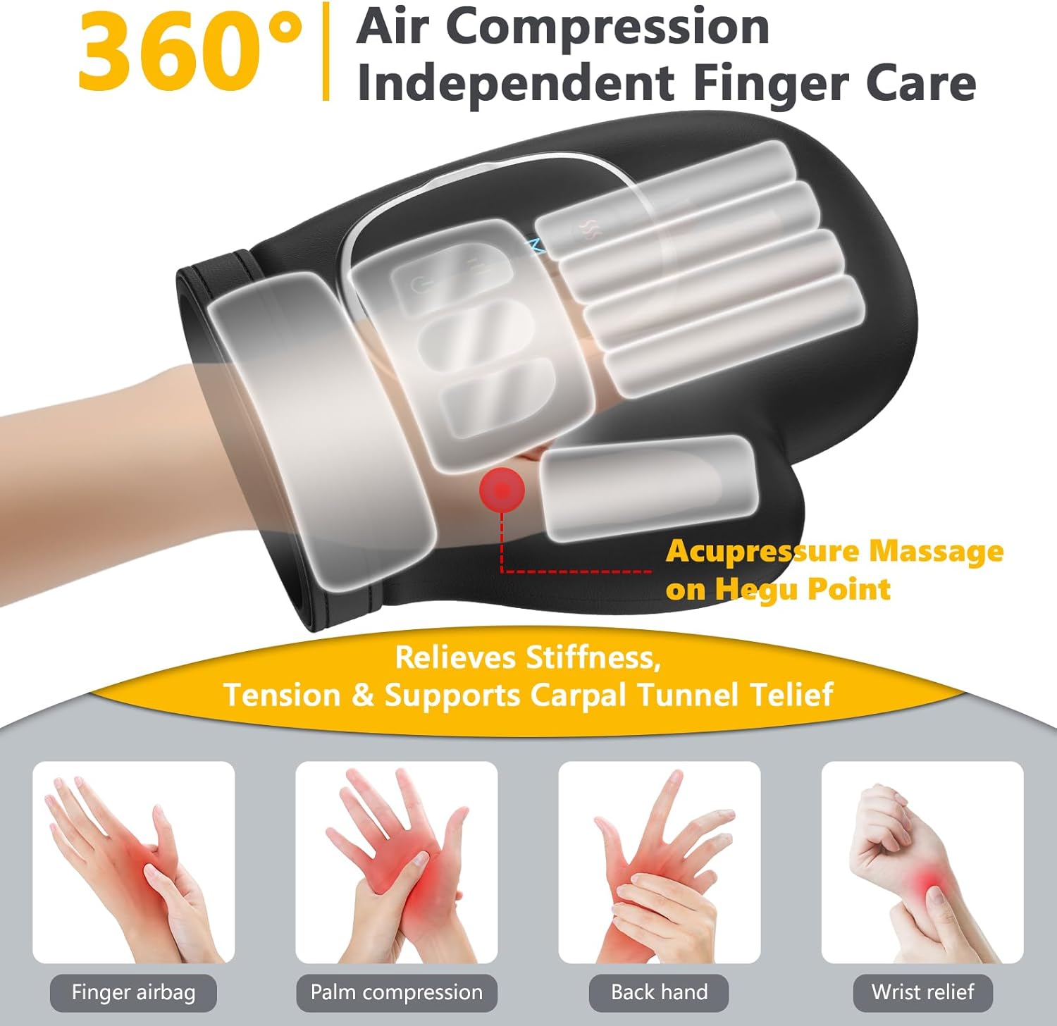 Hand Massager with Heat and Compression, Hand Massager with 3 Massages, 3 Temps (108°F ~ 121℉), 5 Strengths for Arthritis, Wrist & Carpal Tunnel Relief, Hand Massage, Gift for Women/Men (Black)