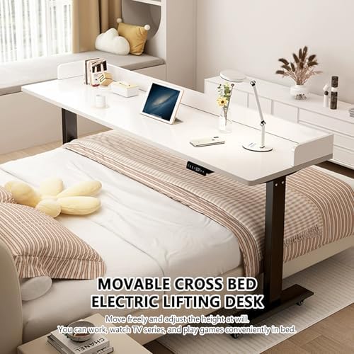 Electric Height Adjustable Overbed Table with Wheels - Mobile Laptop Desk for Bedroom & Hospital, Rolling Bedside Workstation with Baffle, Perfect for Home Office Use. 150cm