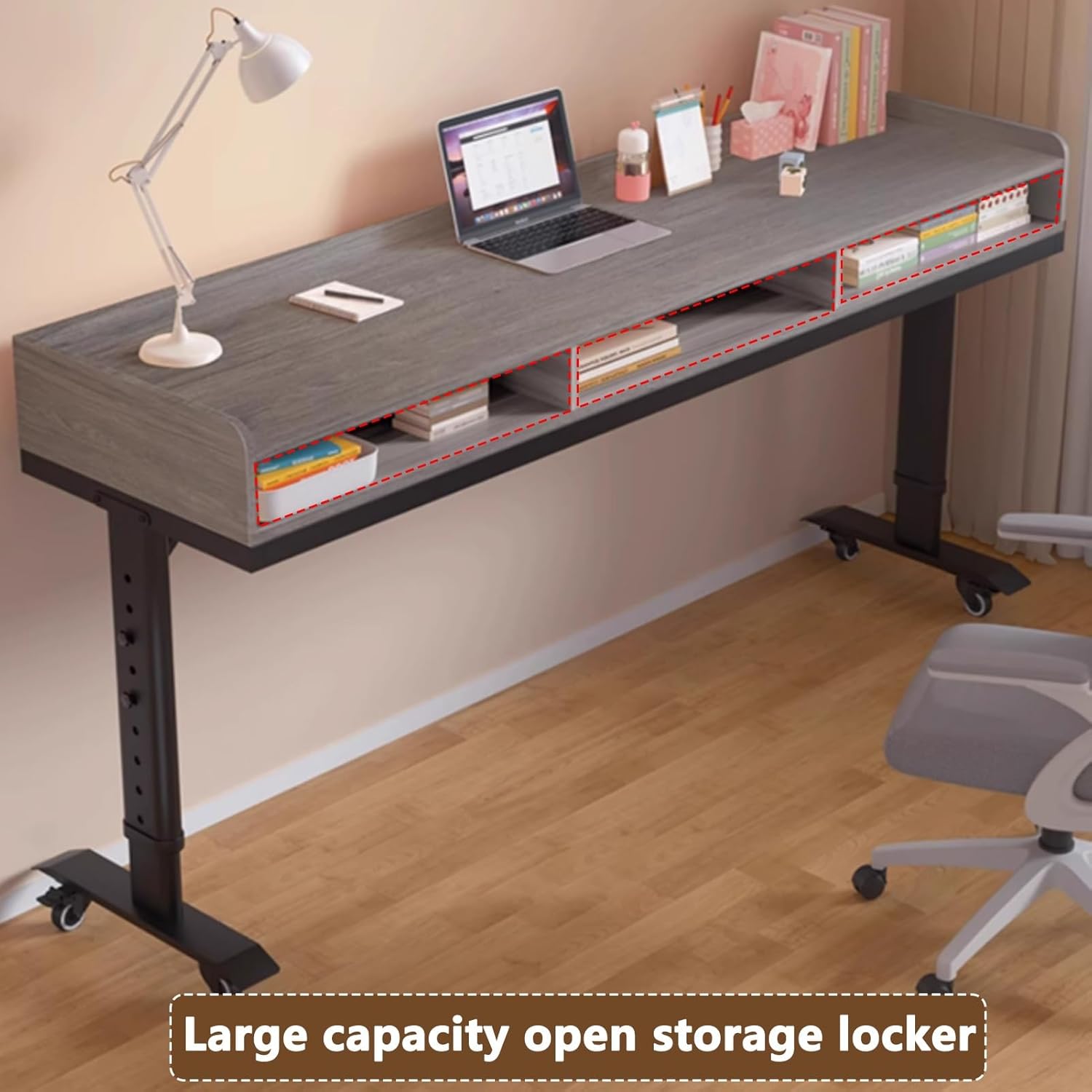 360° Rolling Wheels Over Bed Office Desk, Height Adjustable Overbed Table with Drawer and 3-Side Guard Rails, Laptop Workstation for Bedroom, Living Room(Gray,240cm/94.4in)