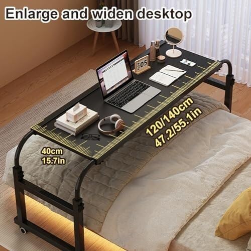Adjustable Overbed Table with Wheels, Extendable Rolling Desk for Queen Size Bed, Height & Length Mobile Home Hospital Use(120cm/47.2in)