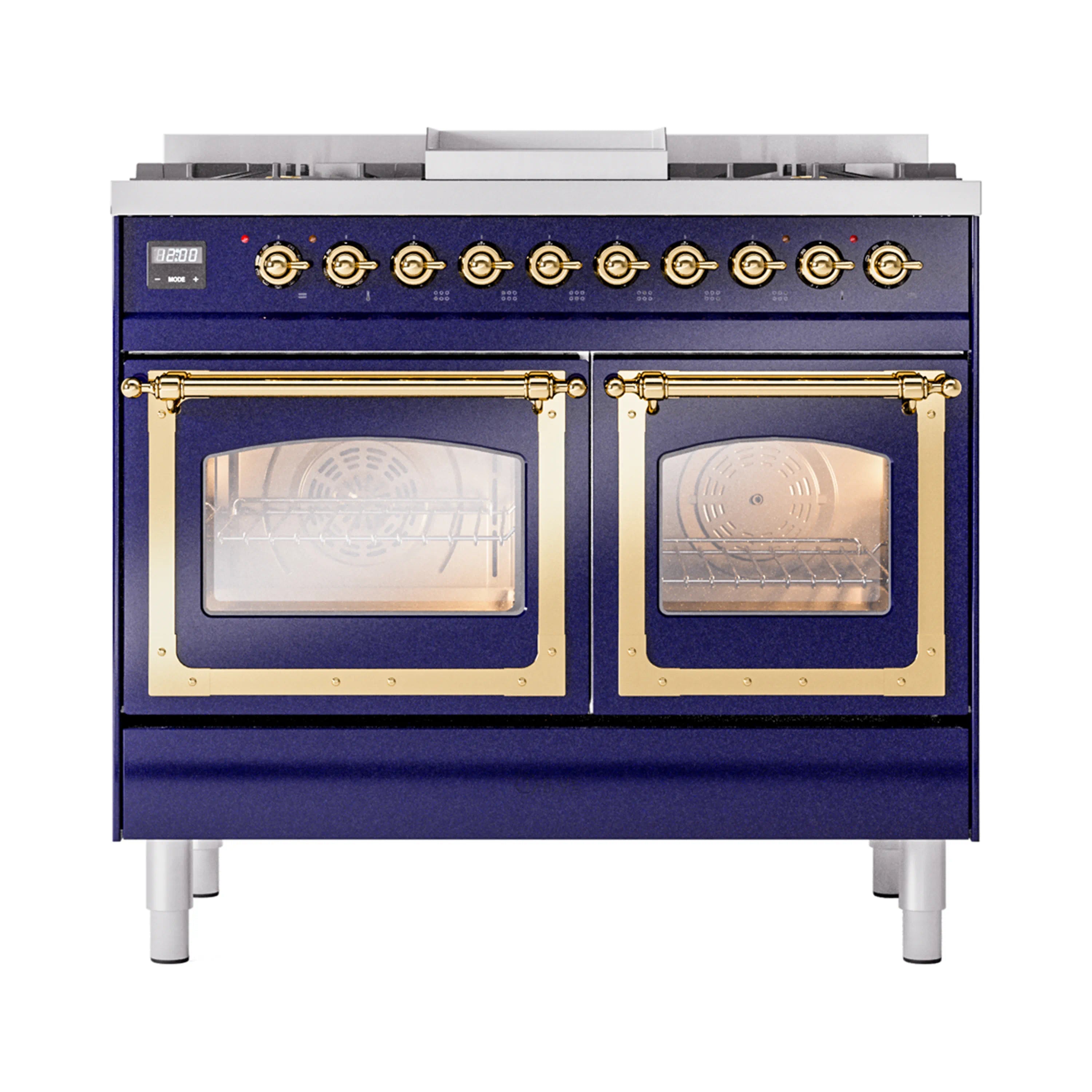 ILVE 40-Inch Nostalgie II Noblesse Dual Fuel Range with Triple Glass Door Oven in Midnight Blue with Brass Trim (UND40FNMPMBG)