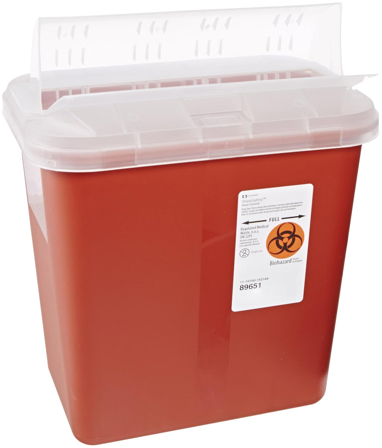 Kendall 89651 SharpSafety Sharps Biohazard Waste Container with Horizontal-Drop Opening Lid, 2 Gallon Capacity, Red (Case of 20)