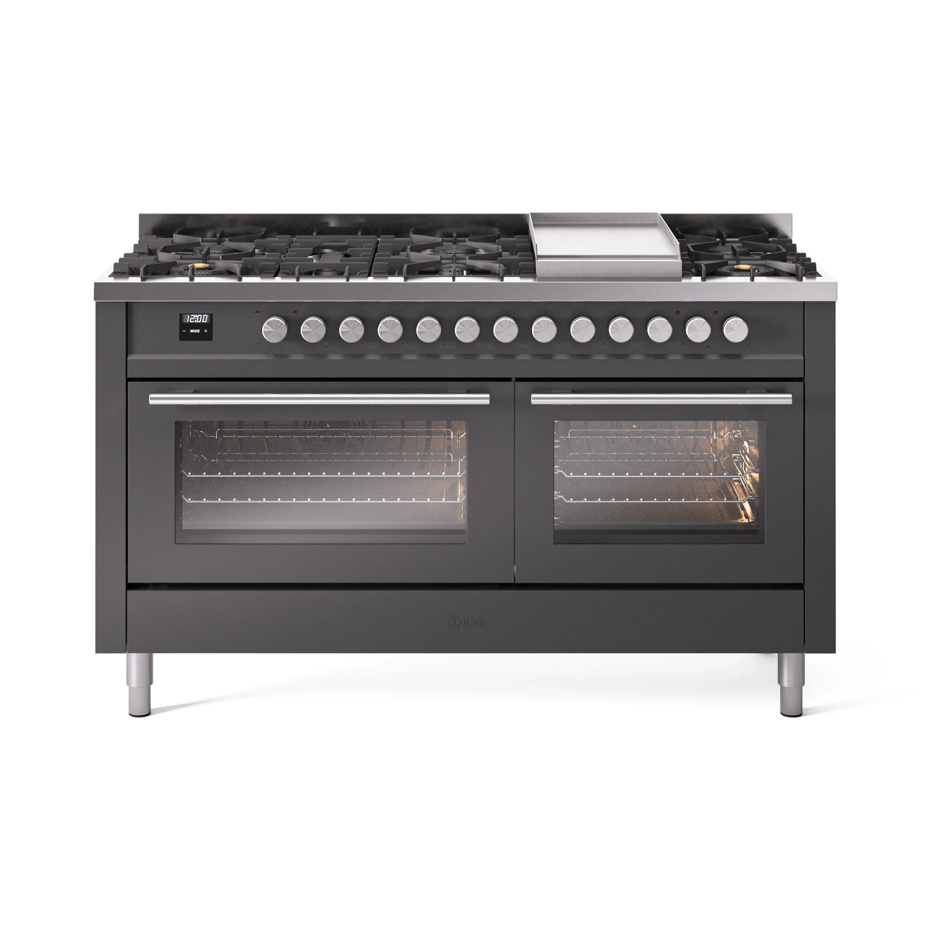 ILVE 60-inch Professional Plus II Dual Fuel Range with 9 Burners, Griddle, and Triple Glass Door Oven in Matte Graphite (UP60FWMPMG)