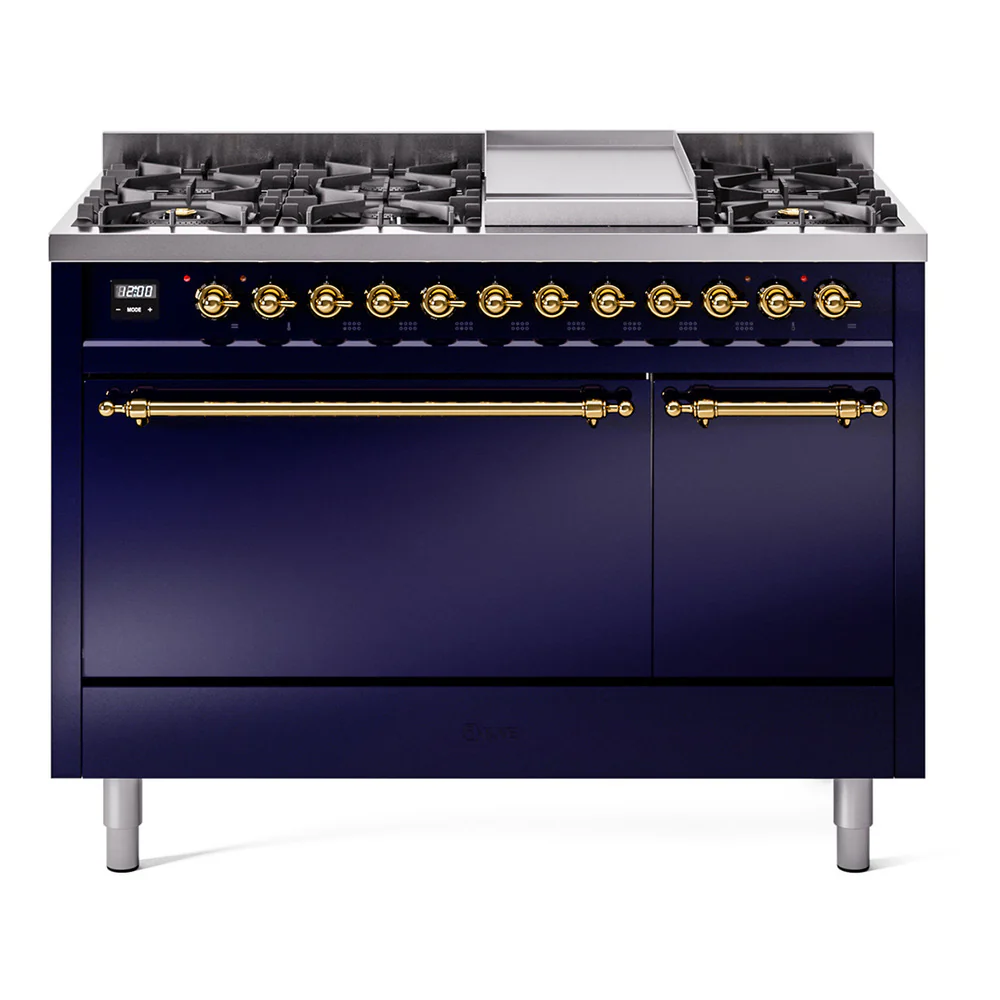 ILVE 48-Inch Nostalgie II Dual Fuel Range with 8 Burners, Griddle, and Solid Door Oven in Midnight Blue with Brass Trim (UP48FQNMPMBG)