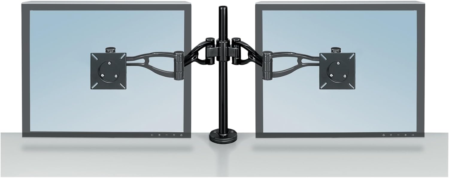 Fellowes Professional Series Depth Adjustable Dual Monitor Arm, 360 Deg Rotation, 37 Deg Tilt, 360 Deg Pan, Black, Supports 24 Lb