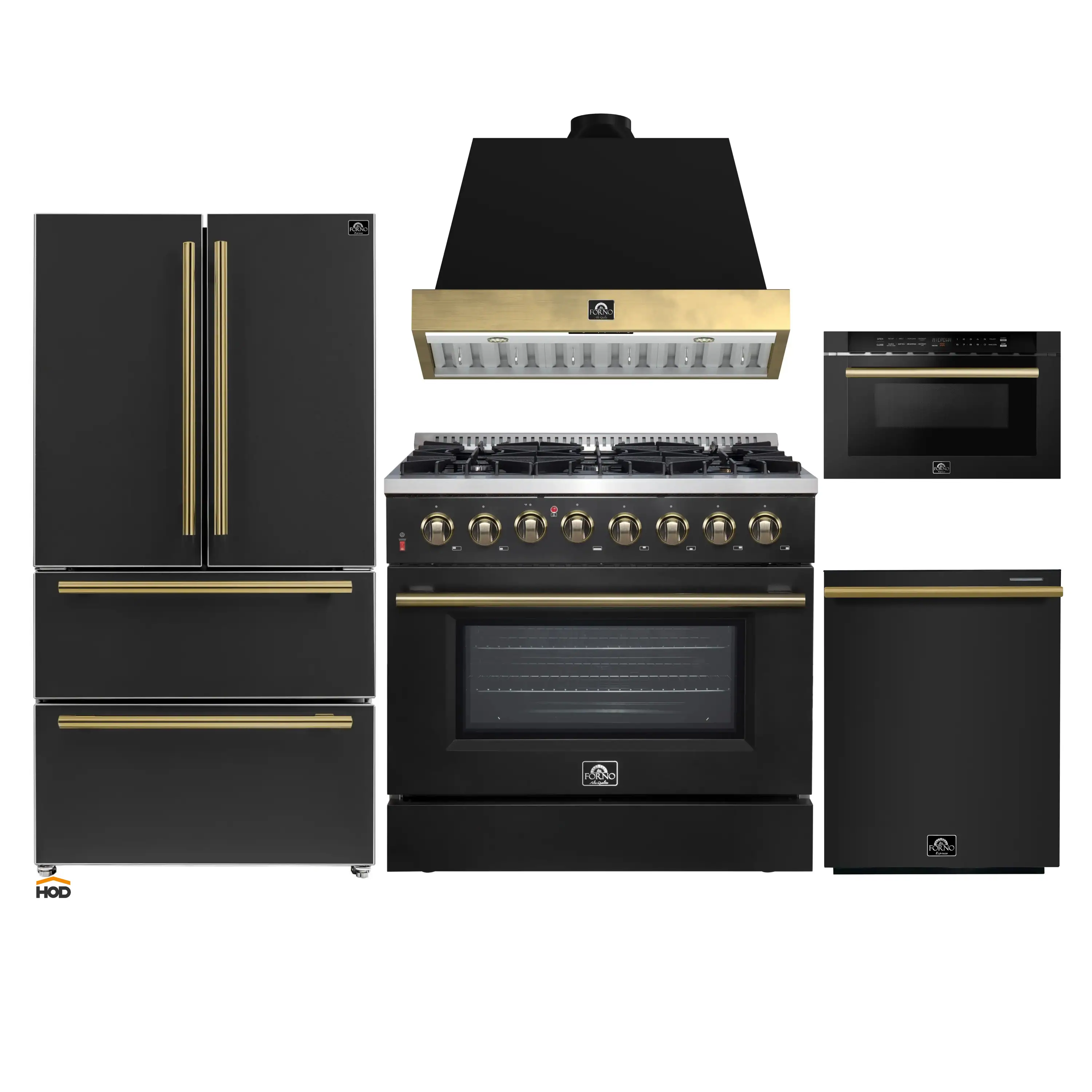 Forno Galiano 5-Piece Appliance Package - 36-Inch Dual Fuel Range, 36-Inch Hood, 36-Inch Refrigerator, 24-Inch Dishwasher, & 24-Inch Microwave Drawer in Black with Antique Brass Trim