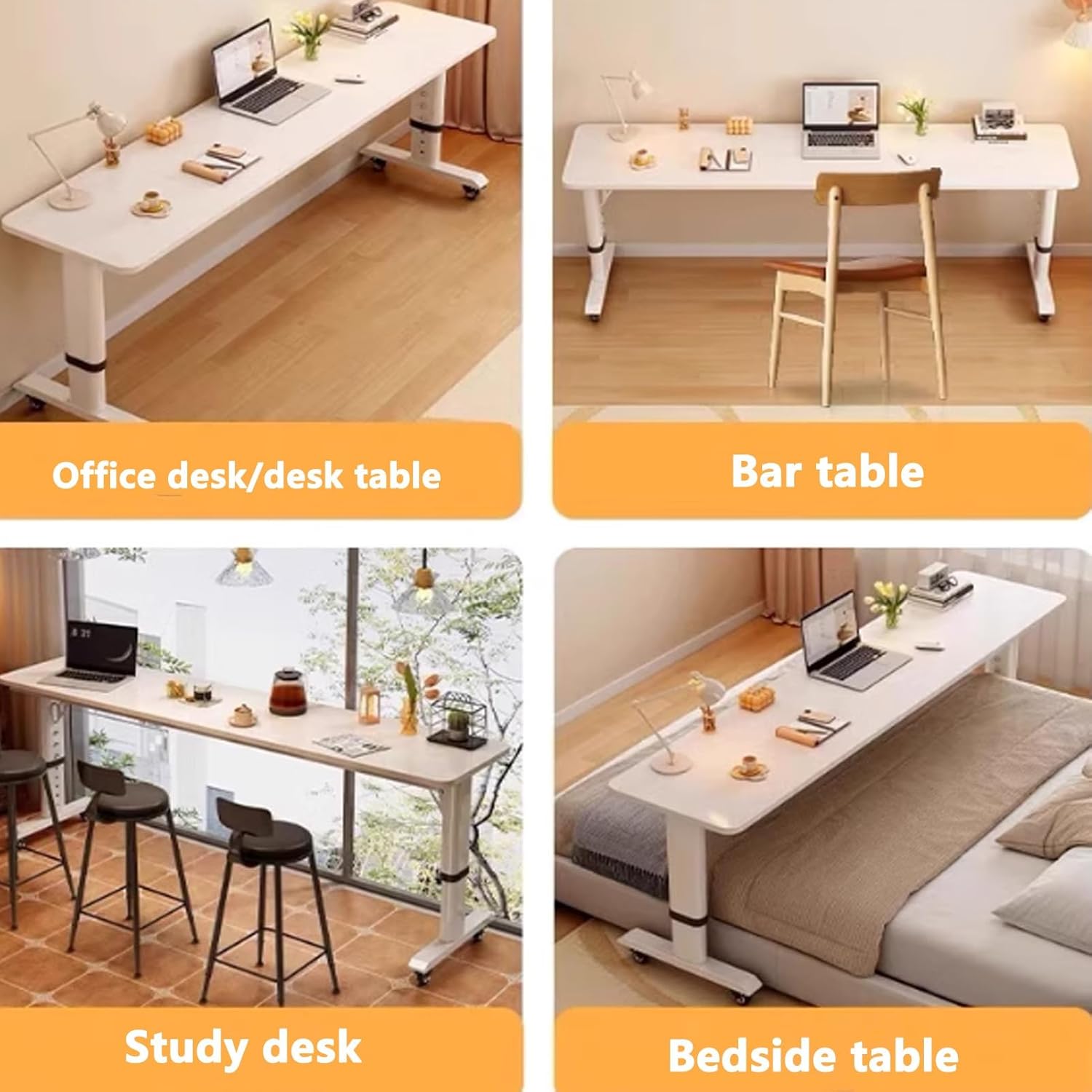 Adjustable Height Over Bed Table with Wheels, Mobile Hospital Overbed Table, Standing Workstation Laptop Cart, Overbed Bedside Desk for Eating and Laptops(White+Black,240x40cm/94x16)