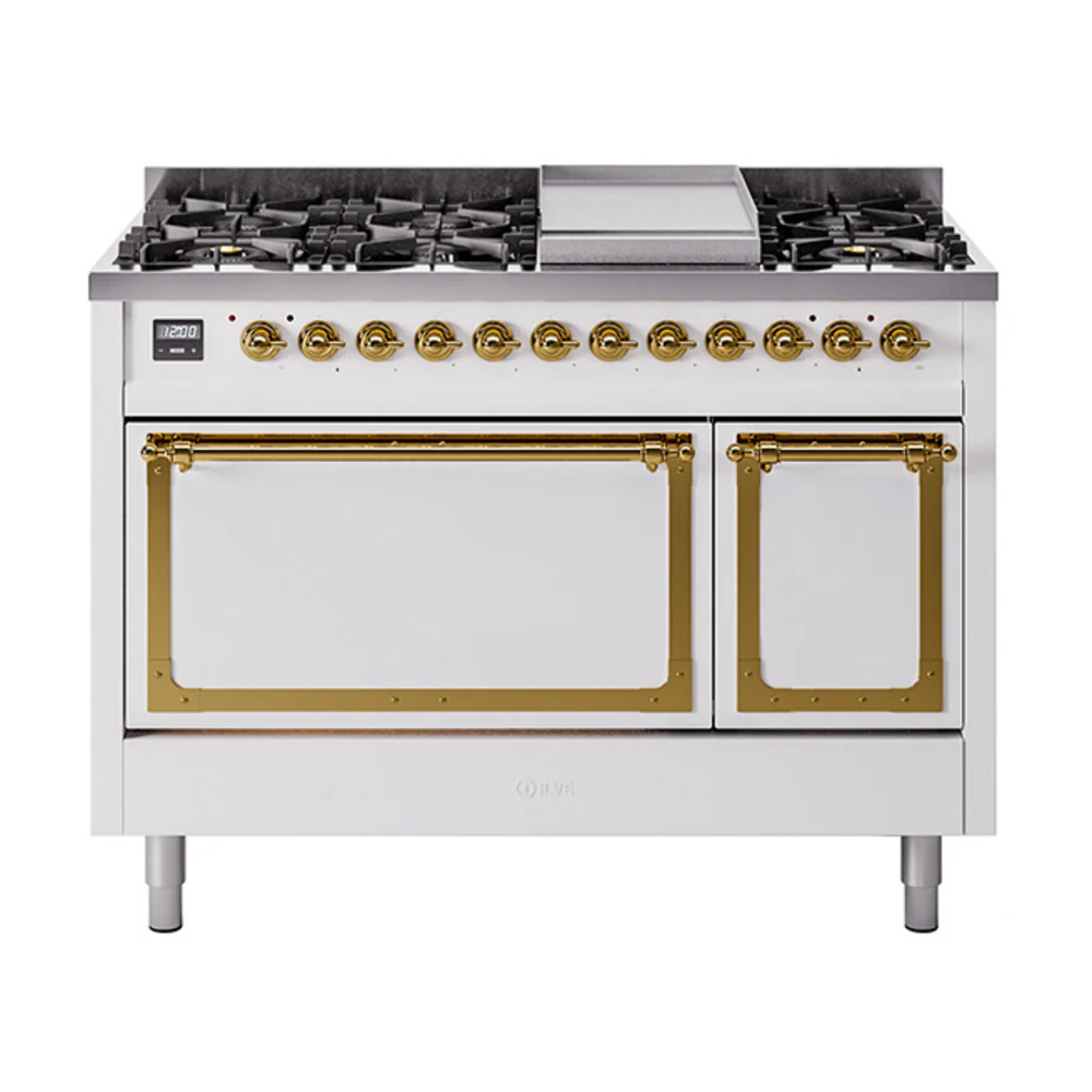 ILVE Nostalgie II Noblesse 48-Inch Dual Fuel Freestanding Range with Solid Door Oven in White with Brass Trim (UN48FQNMPWHG)