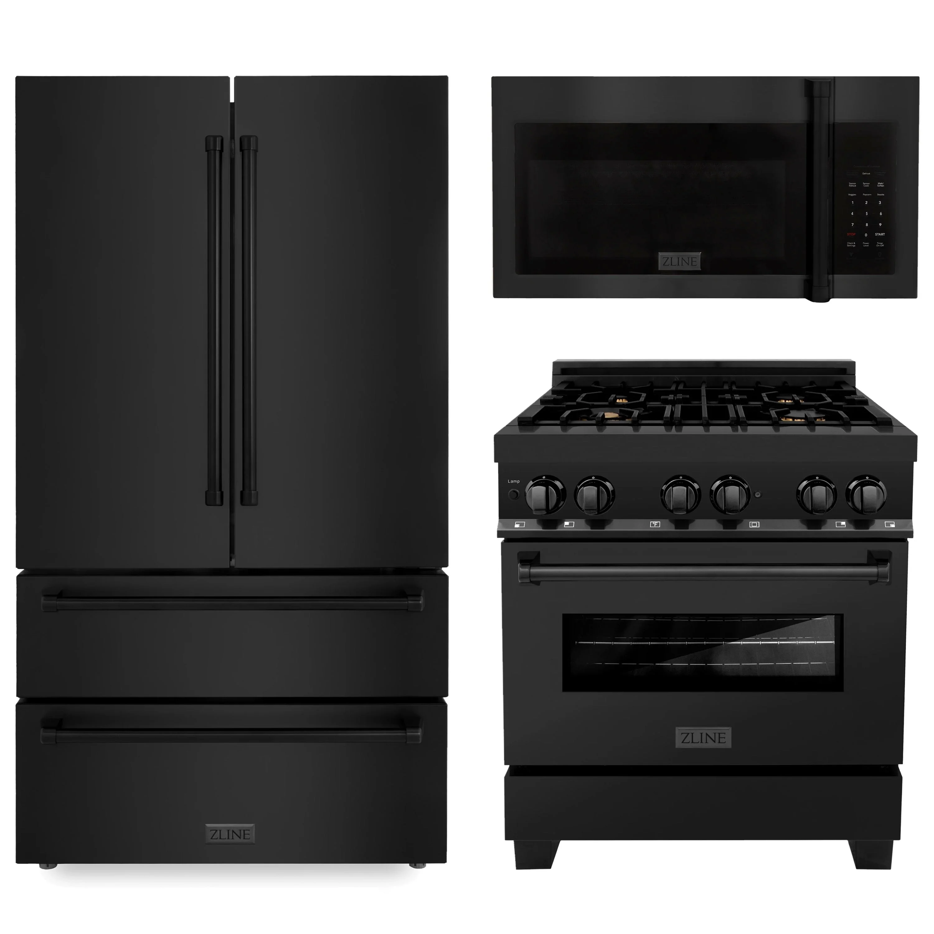 ZLINE 3-Piece Appliance Package - 30-inch Dual Fuel Range with Brass Burners, 36-inch Refrigerator, Over the Range Microwave/Vent Hood Combo in Black Stainless Steel (3KPR-RABOTRH30)