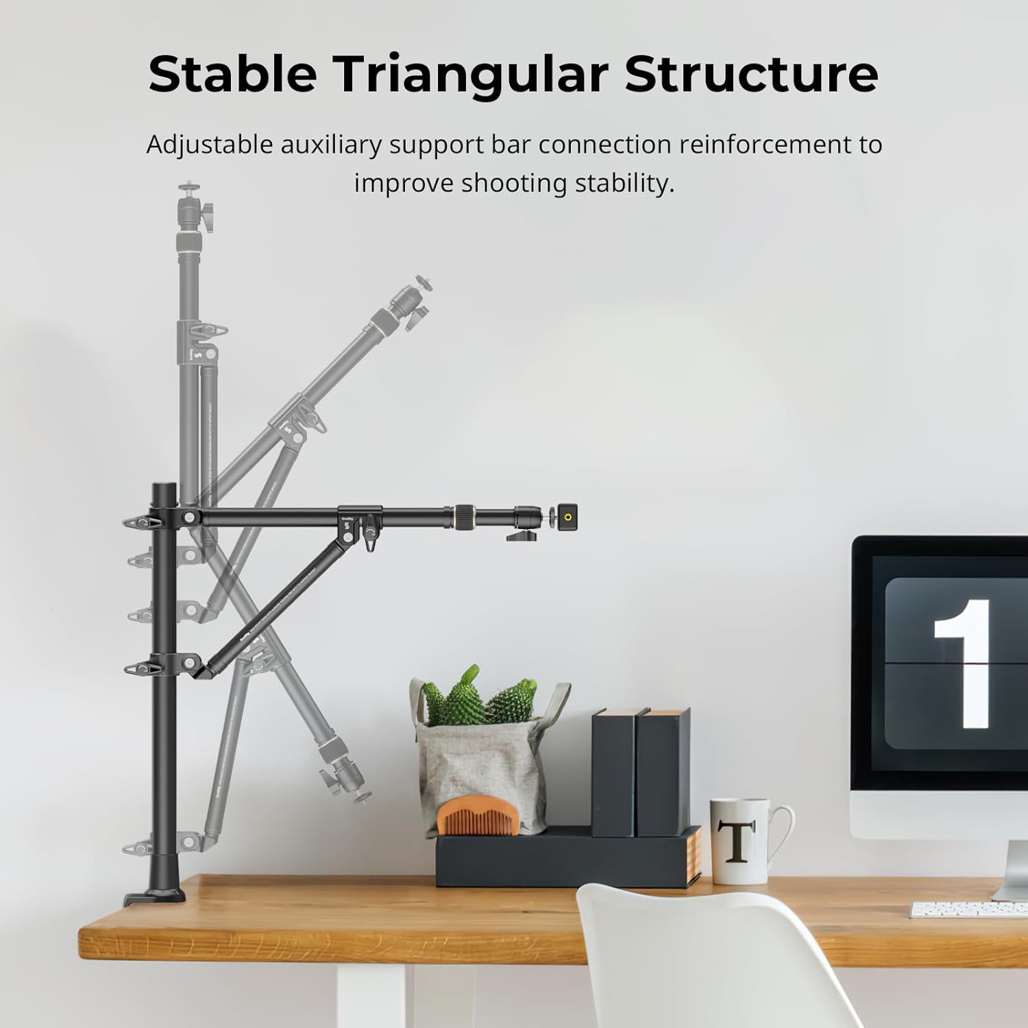 SMALLRIG Triangle Camera Desk Mount, Max. Load 3kg/ 6.6lbs, Overhead Mount with Auxiliary Support Rod, with Phone Holder and Small Ball Head for Camera/Phone/Light/Webcam