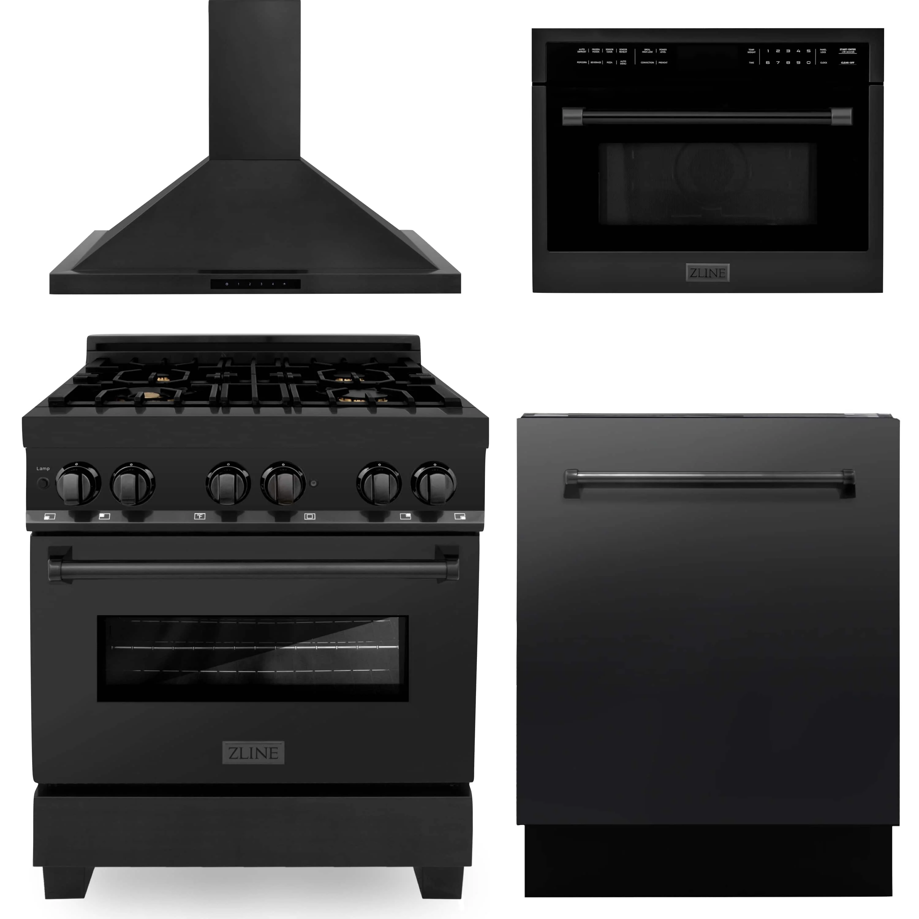 ZLINE 4-Piece Appliance Package - 30-Inch Dual Fuel Range with Brass Burners, Convertible Wall Mount Hood, Microwave Oven, and 3-Rack Dishwasher in Black Stainless Steel (4KP-RABRH30-MODWV)