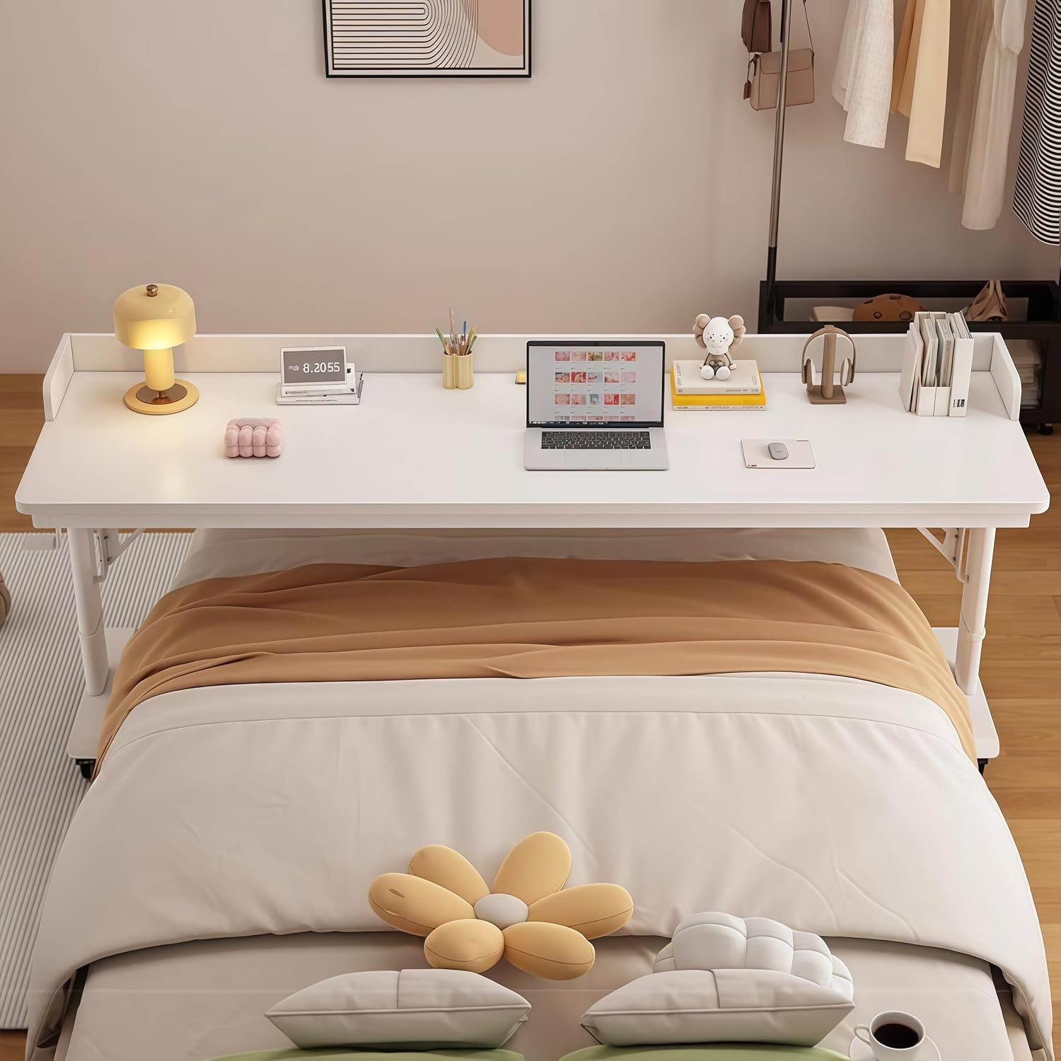 Over The Bed Table with Wheels,Adjustable Height Rolling Bed Desk - Mobile Laptop Cart for Home Office,Hospital, Bedroom Work,Fits King Size Beds