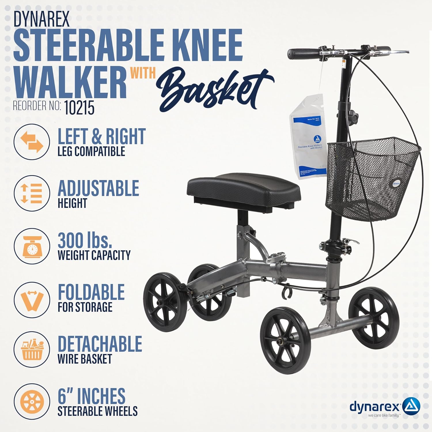 Dynarex Steerable Knee Walker with Basket - Compact