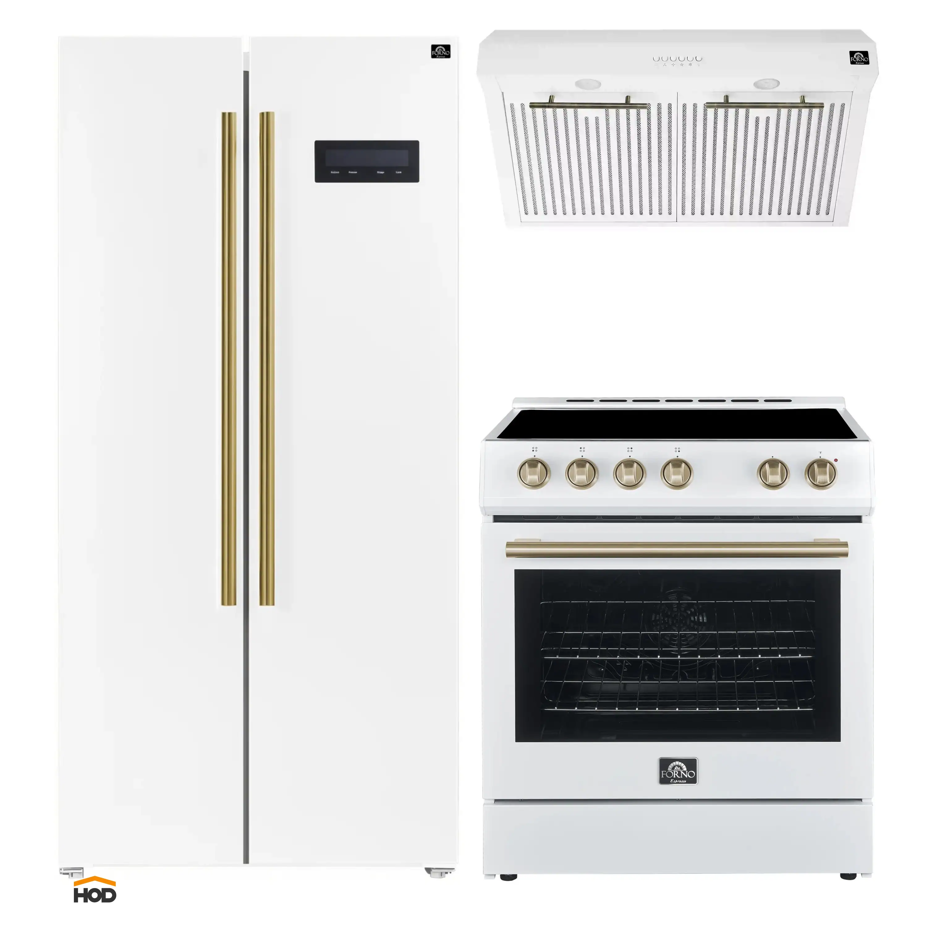 Forno Espresso 3-Piece Appliance Package - 30-Inch Electric Range with 5.0 Cu.Ft. Electric Oven, Built-In Refrigerator, and Under Cabinet Range Hood in White with Antique Brass Trim