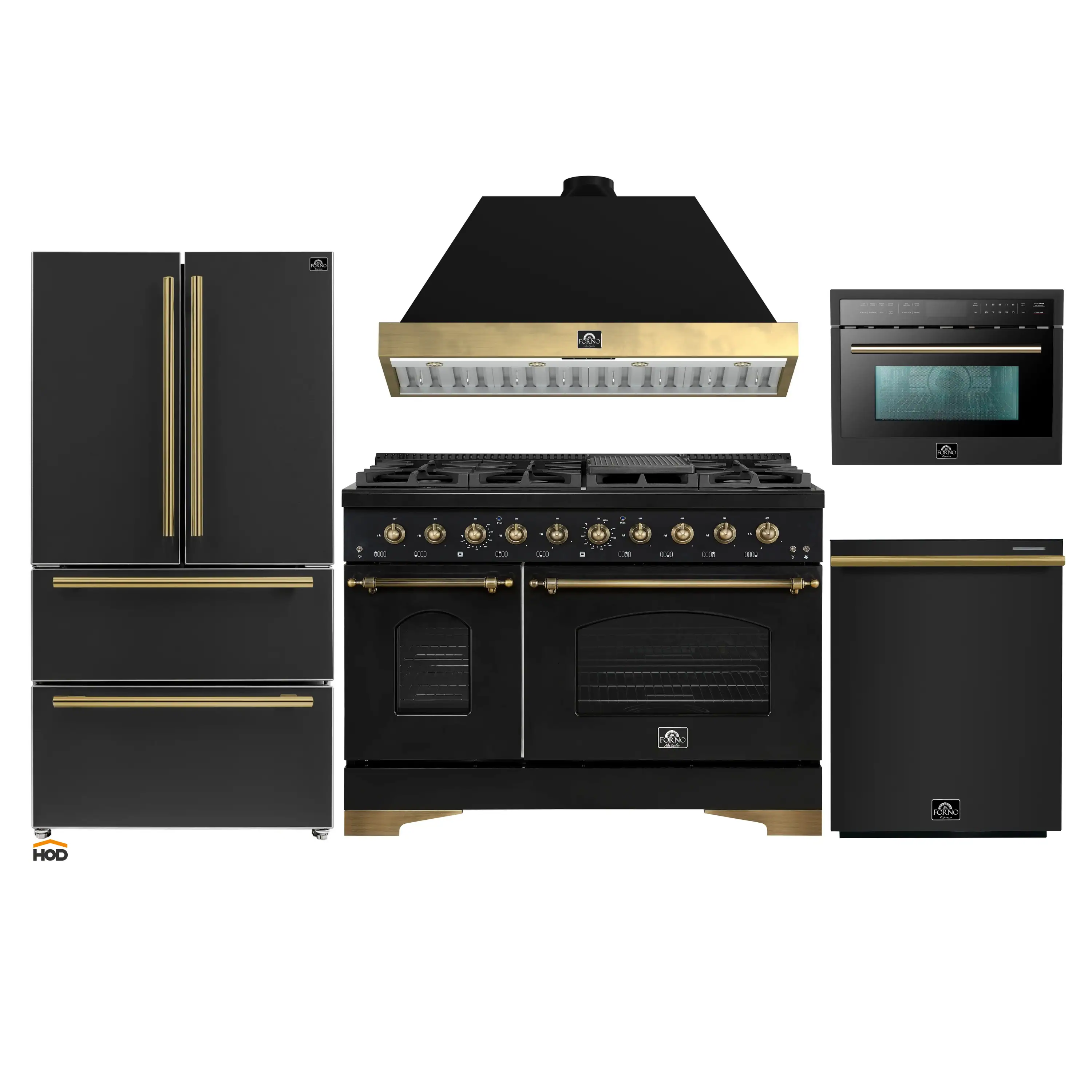Forno Antico 5-Piece Appliance Package - 48-Inch Gas Range, 48-Inch Hood, 36-Inch Refrigerator, 24-Inch Dishwasher, & 24-Inch Microwave Oven in Black with Antique Brass Trim