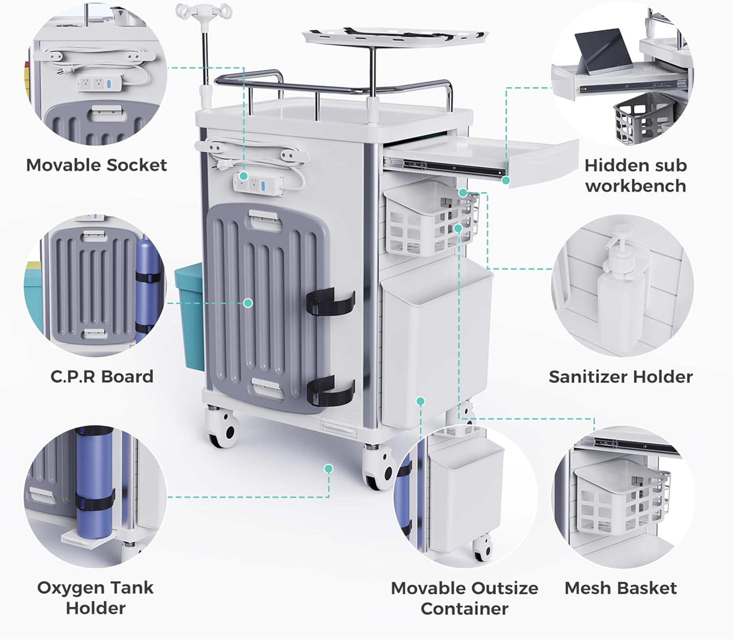 Rolling Crash Cart Medical with Drawers - Adjustable IV Pole, Silent Casters, Needle Disposal Holder, Trash Bin, O2 Holder, Utility Trolley Cart for Clinic, Hospital, Salon, Lab