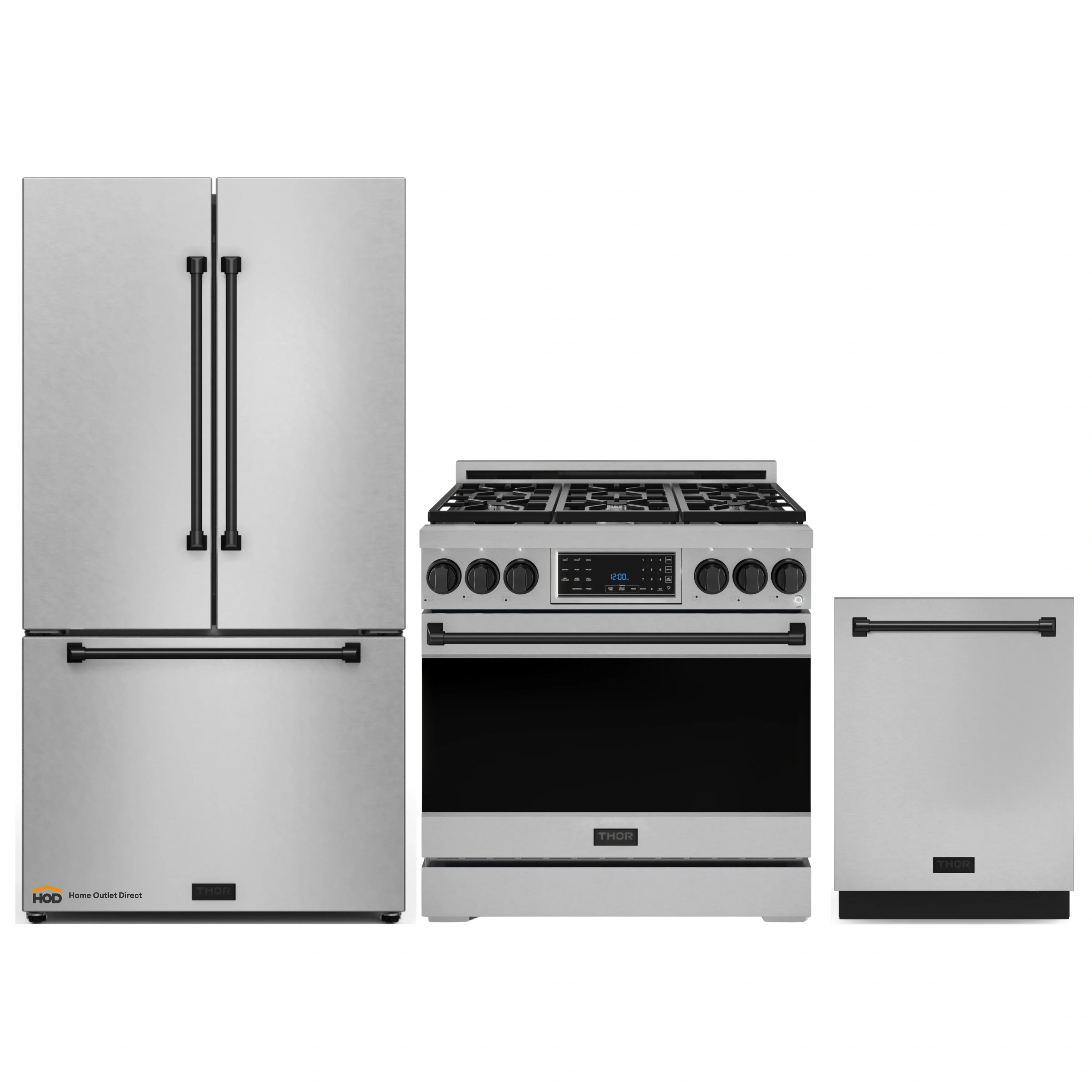 Gordon Ramsay by Thor Kitchen 3-Piece Appliance Package - 36-Inch Gas Range with Tilt Panel, 36-Inch Refrigerator, and Dishwasher in Stainless Steel with Black Trim