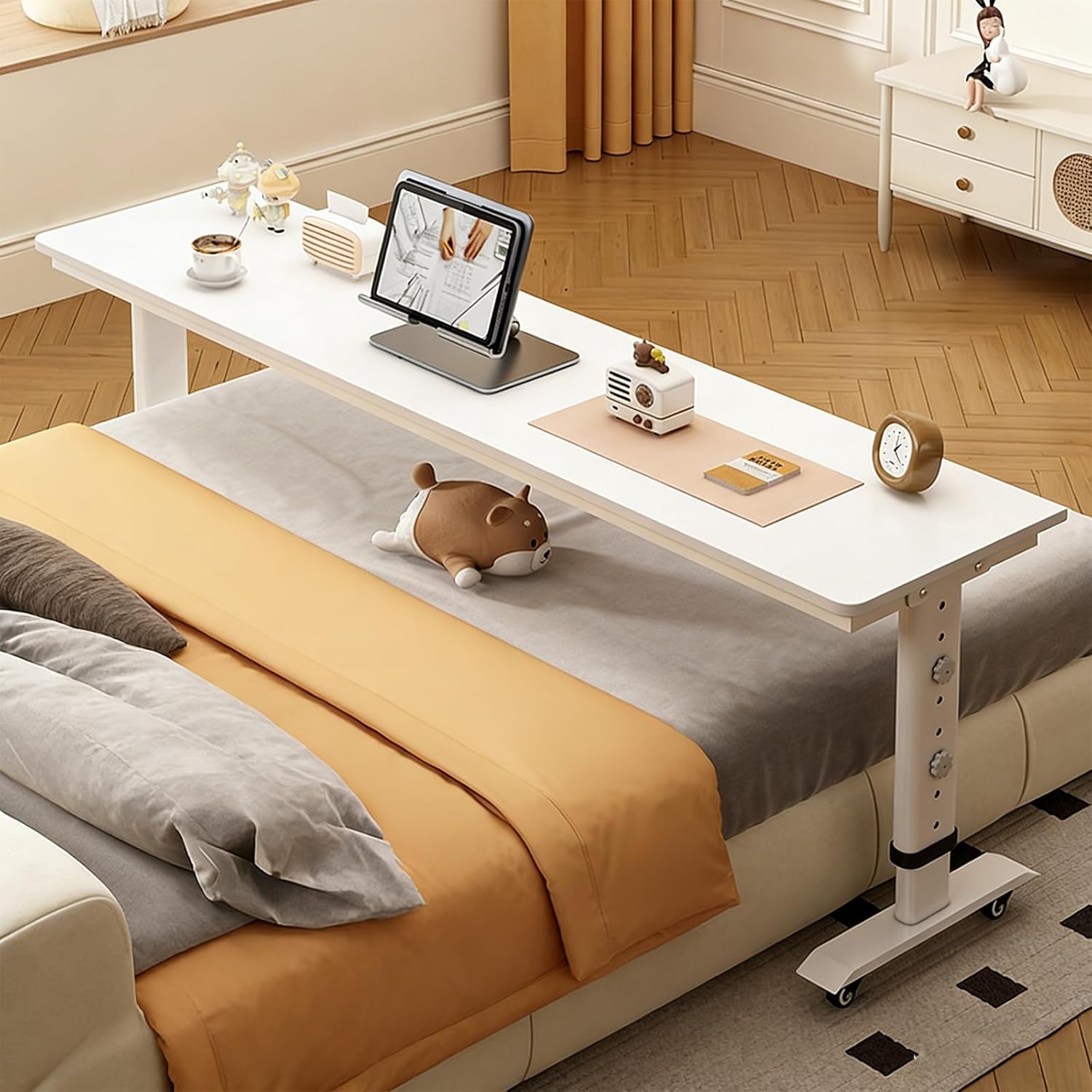 Adjustable Overbed Table with Wheels, Rolling Desk for Bedside Use, Height Adjustable Laptop Table for Recliner, Over Bed Desk Fits King Size