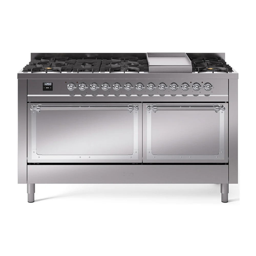 ILVE 60-Inch Nostalgie II Noblesse Dual Fuel Range with 9 Sealed Burners, Griddle, and Solid Door Oven in Stainless Steel with Chrome Trim (UN60FQNMPSSC)